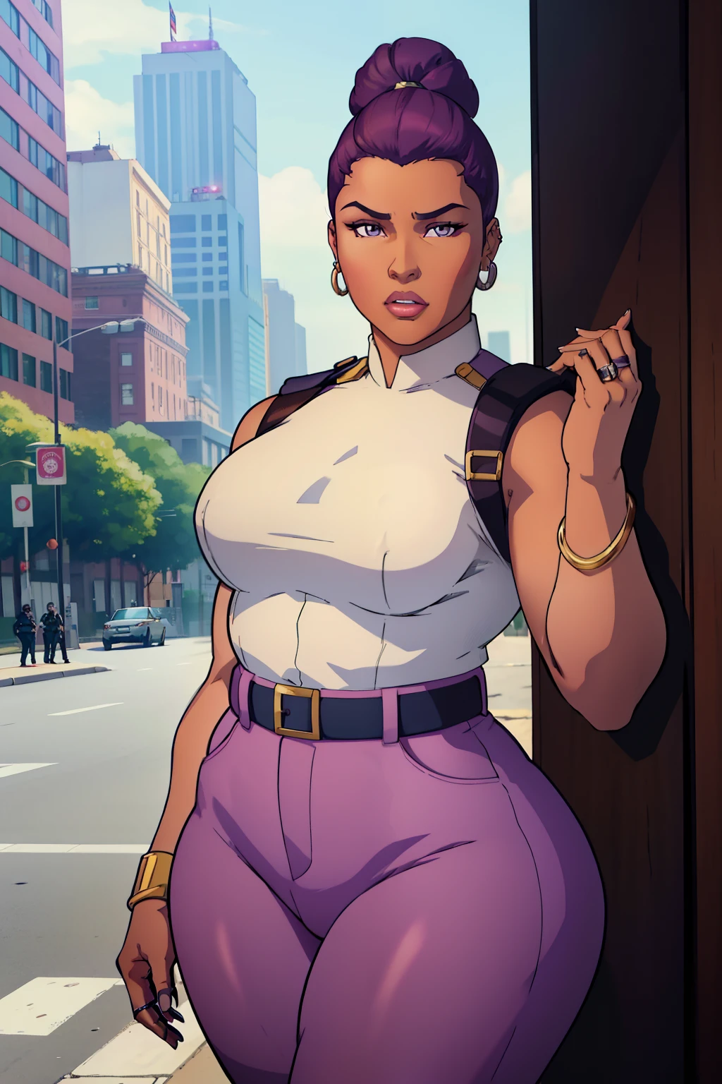 Best quality, solo mature woman, chubby physique, ((small breasts)) dark brown skin, earrings, bracelets, rings, low bun, lilac eyes, full lips, professional, police uniform, police pants, face like Nicki Minaj