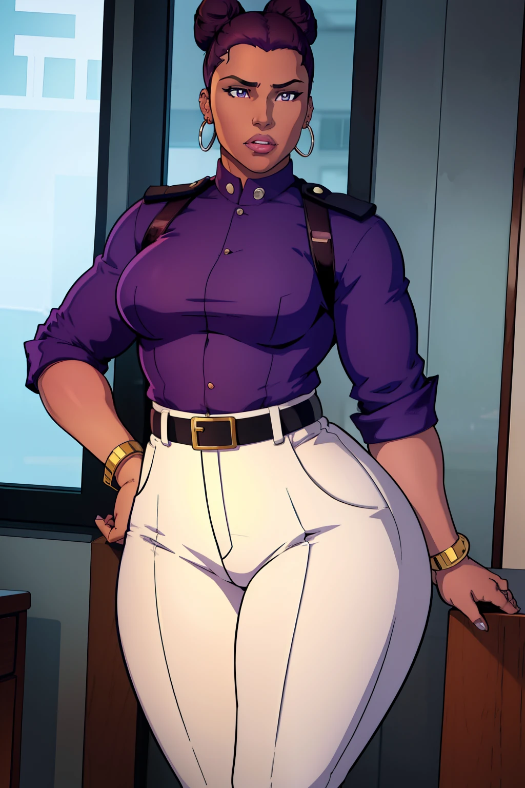 Best quality, solo mature woman, chubby physique, ((small breasts)) dark brown skin, earrings, bracelets, rings, low bun, lilac eyes, full lips, professional, police uniform, police pants, face like Nicki Minaj