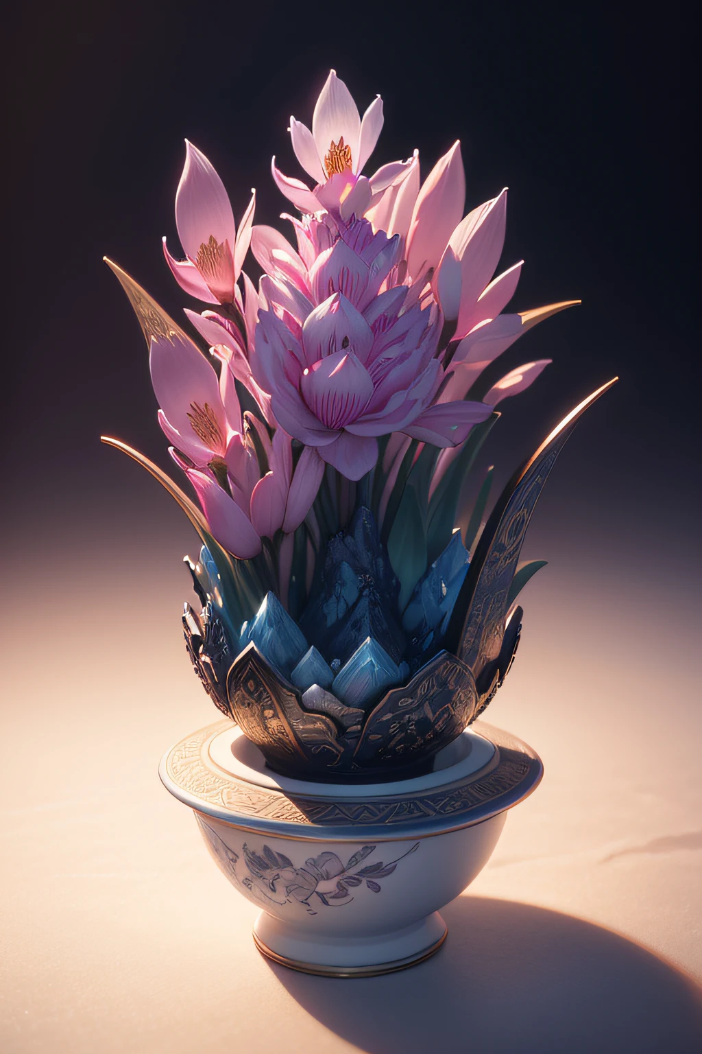 best quality, realistic, photorealistic,  ultra detailed, "Mountain of Flower and Fruit+Fairy+Chinese Architecture" highly detailed carving on "southern ice" porcelain,Ultra wide angle,Accent Lighting,Volumetric Lighting,backlighting, (detailed light),((an extremely delicate and beautiful)),dramatic_shadow,ray_tracing,hdr