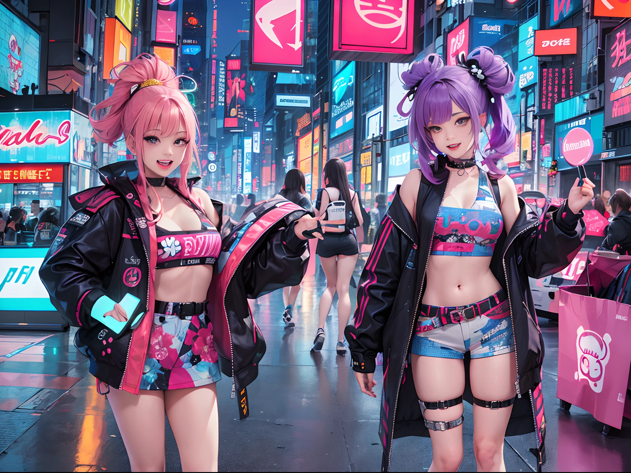 An anime illustration of 2 happy cyberpunk girls, confident laughing cyberpunk girls, ((Harajuku-inspired pop outfit and tech jacket)), bold colors and patterns, eye-catching accessories, trendy and innovative hairstyle, vibrant makeup, ((dynamic pose)), futuristic dazzling Cyberpunk cityscape, skyscrapers, neon signs, glowing LED lights, bright and vivid color scheme, anime, illustration, (beautiful detailed face), intricate details, ultra detailed, NSFW