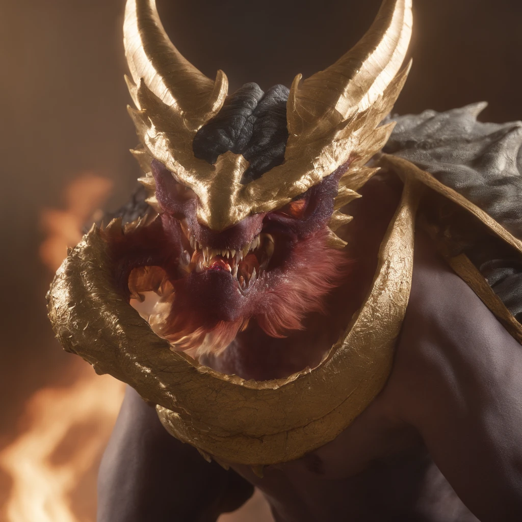an enormous lamia adorned in decorative gold chains, her fangs are bared and steaming poison drips from her mouth, she is coiled and ready to strike, chromatic aberration, depth of field, soft lighting, masterpiece, best quality, intricate, tone mapped, highly detailed, artstation, concept art, smooth, sharp focus, dramatic lighting, highly detailed artwork, cinematic, hyper realistic painting, trending on Artstation, 8K, incredible shadows, realistic, (highly detailed background:1.0)