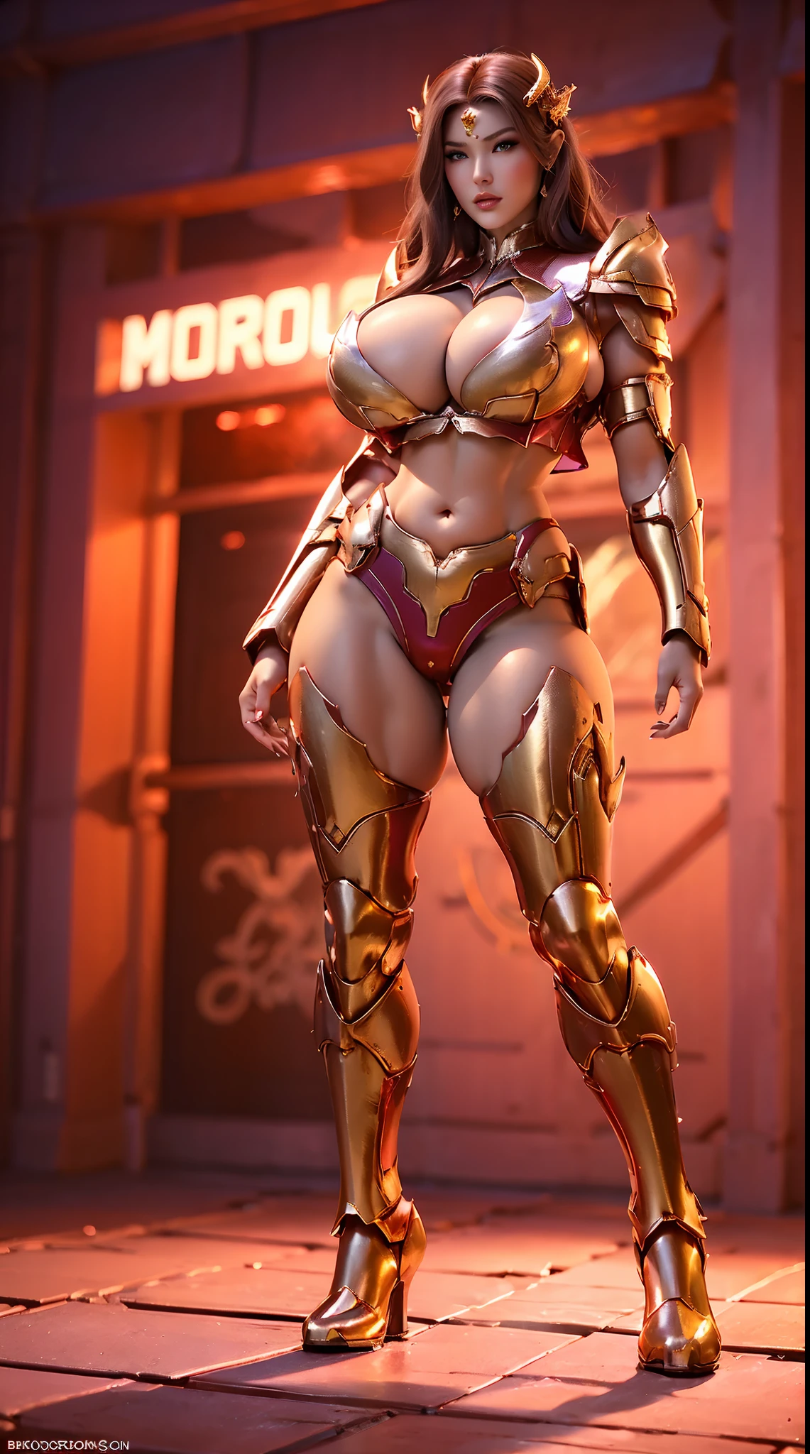 A WOMAN, BEAUTIFULL FACE, (RED, GOLD, PURPLE:1), (SEXY RED LIBS:1), (BEAUTY MAKEUP:1), (SHINY SKIN:1.2), (HUGE BOOBS:1.3), (FULL BODY:1), (DRAGON MECHA ARMOR:1), (CROP TOP:1.3), (CLEAVAGE:1), TRANSPARANT, TALL LEGS, STANDING, (VOLUPTUOUS BODY), (MUSCLE ABS:1.1).