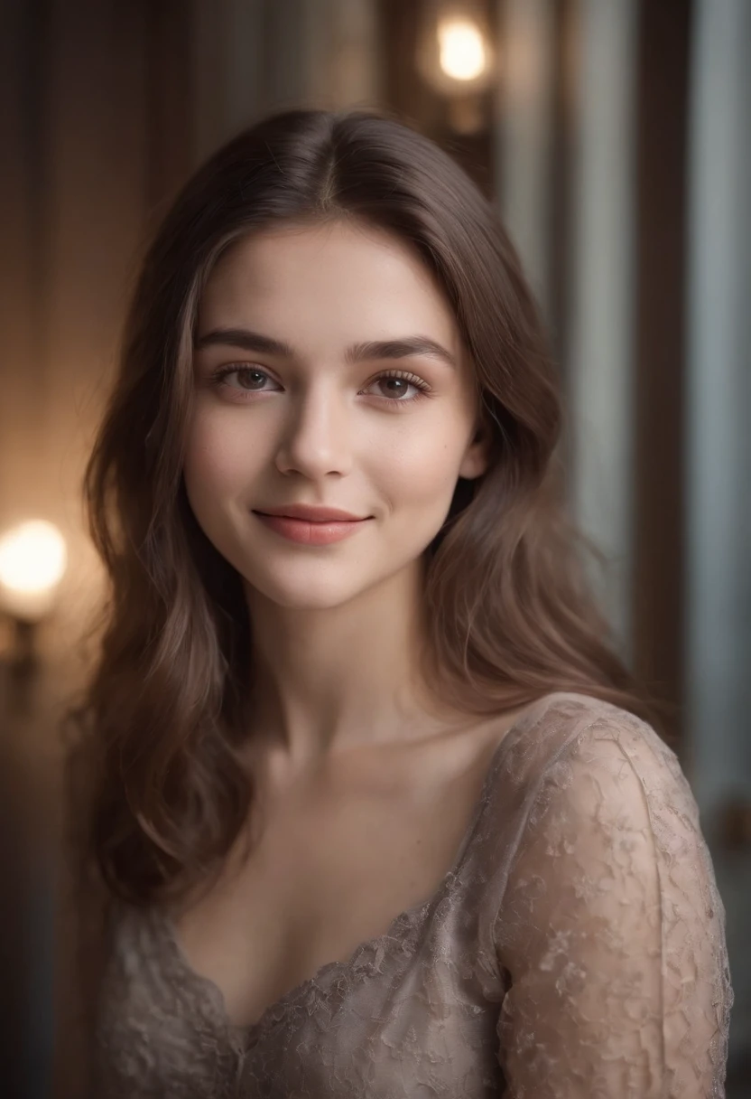 A pretty girl,18 years old, posando, look at a camera and smile, cabello negro rizado, (ojos marrones:0.8), Linda cara joven, 18 yo, soft volumetric lights, (retroiluminado:1.3), (Kinematic:1.3), Detalles intrincados, (Artstation:1.2)