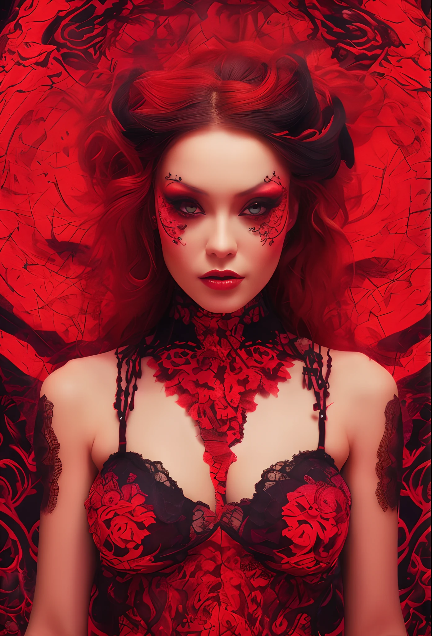 mulher arafed com cabelo vermelho e renda preta e rosas vermelhas, Beautiful elegant demon queen, Natalie Shau Tom Bagshaw, Retrato de uma ninfa de fantasia sombria, Retrato da menina do anjo, karol bak uhd, adornos vermelhos, sedutora mulher mesmer, Retrato do vampiro bonito, adornos vermelhos, Succubus bonito, gothic art style