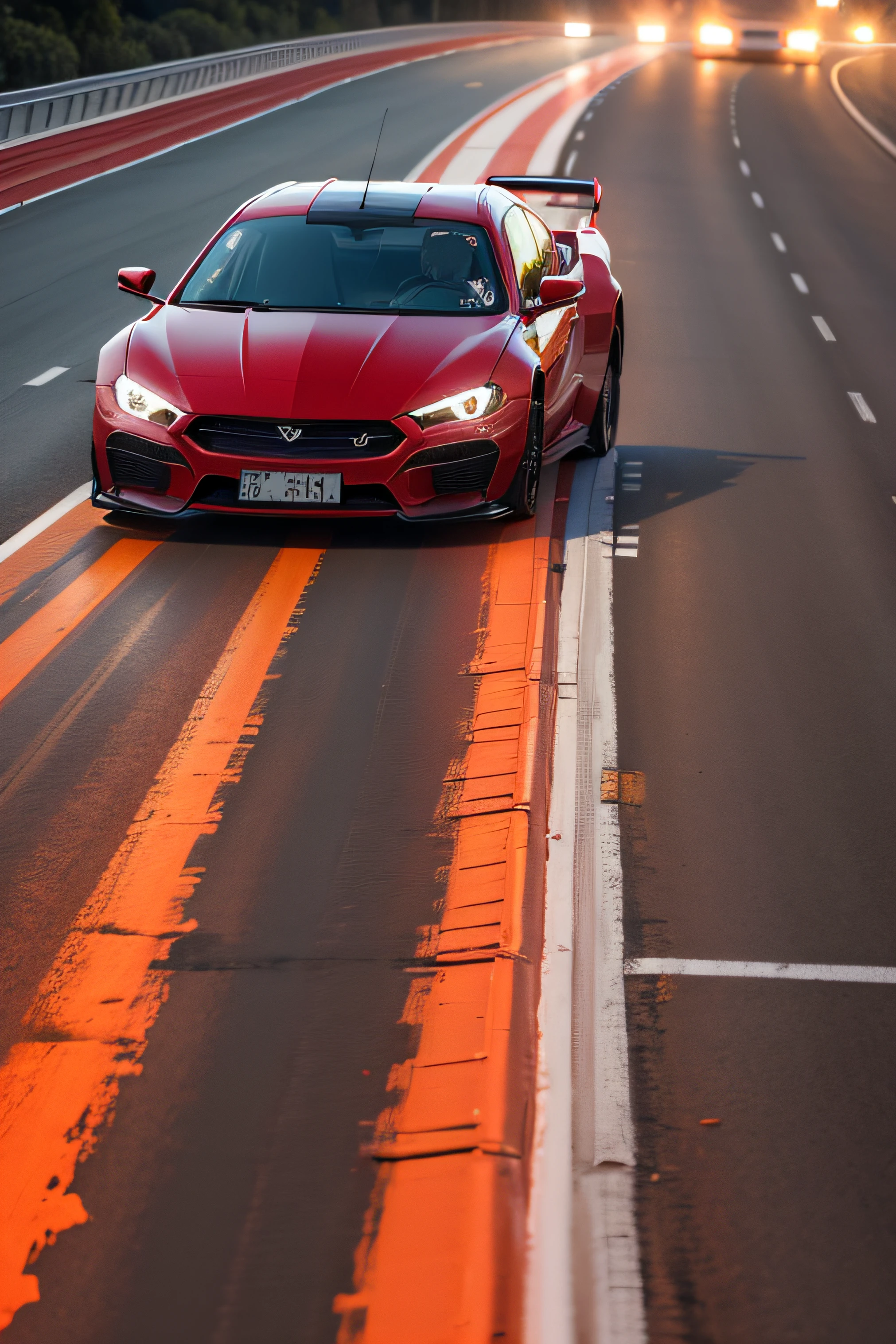 carro de corrida vermelho correndo em uma pista molhada durante uma noite chuvosa