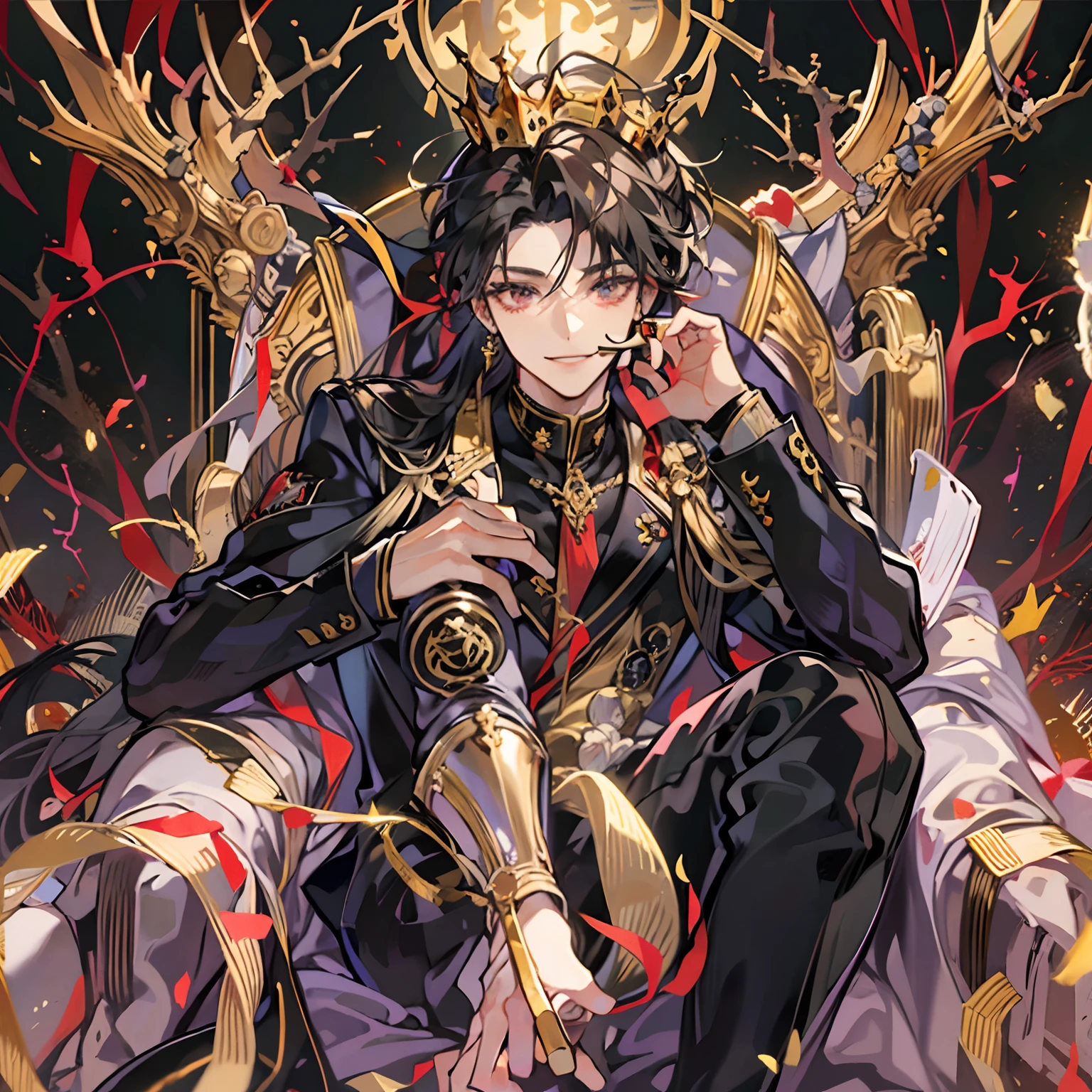 anime, Um homem alto sentado em um trono, The man would have an expression of superiority and a piercing smile, His eyes are red, his appearance is youthful, He's wearing gold earrings, He's wearing a sleek suit, Her hair is big and black , has a crown of thorns that floats over its head