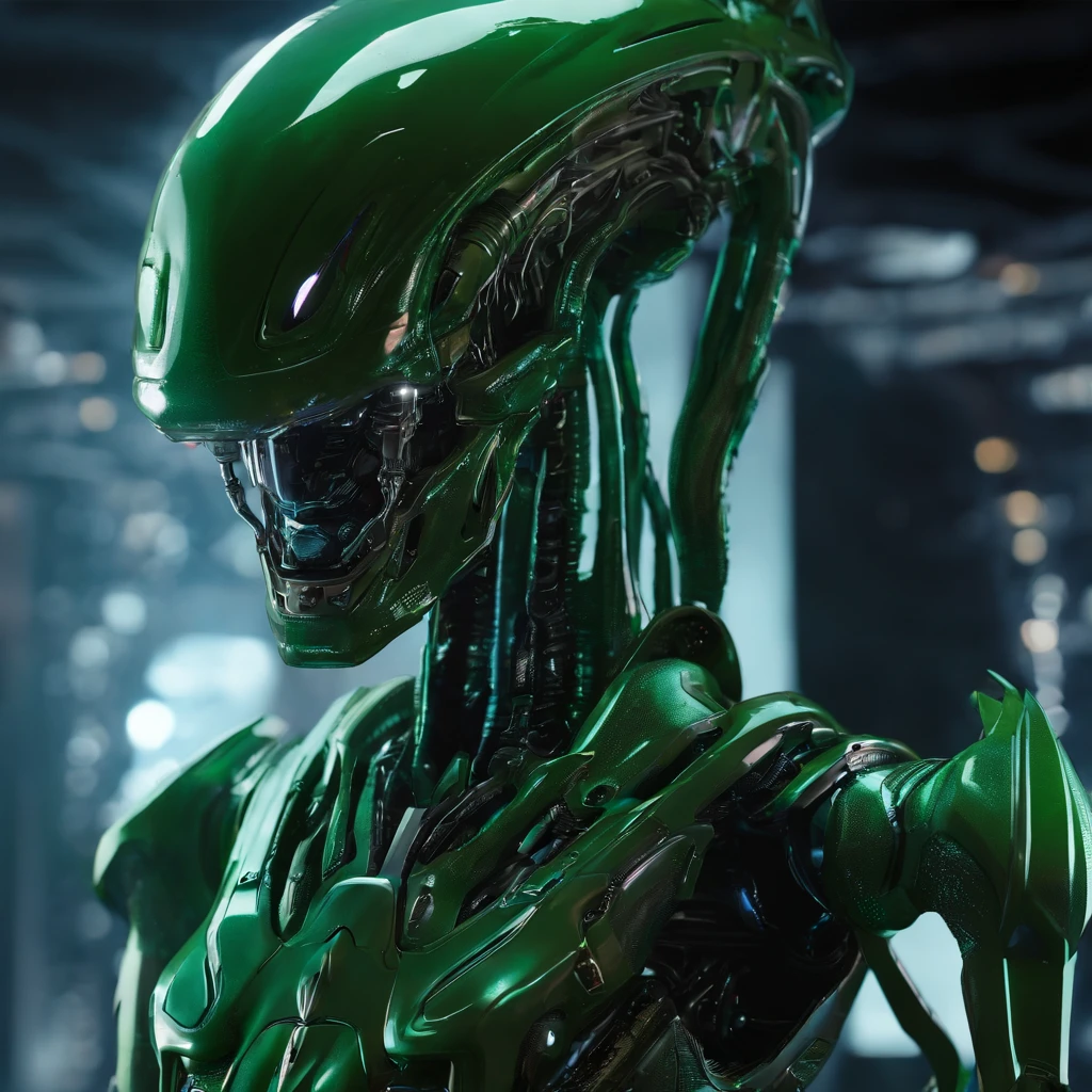 An alien,full xenomorph,Humanoid,mechs,(Wearing a dark green zirconia ceramic surface mech:1.5),(((Hard surface properties))),(((streamlined line design))),It has refined features in a sci-fi environment,with light glowing, Sparks and lights, best qualtiy,tmasterpiece,Photorealsitic, Highly detailed, iintricate,unreal 5 render,octane render