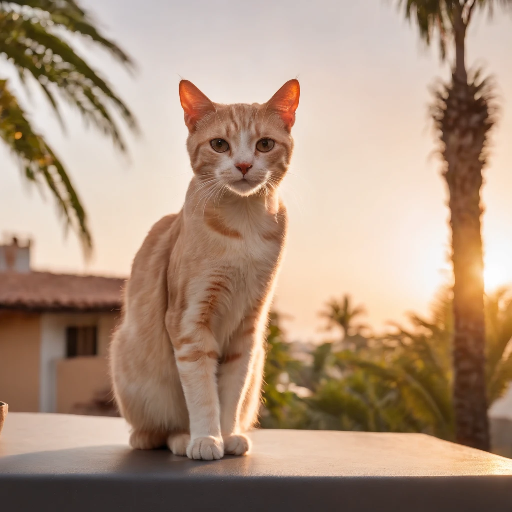Create a stunning image of a cat perched gracefully on a rooftop against a backdrop of swaying palm trees. #CatOnRoof #PalmTrees #ArtisticPhotography,Sunset, thatched house. high definition and contrast photos,Unreal Engine 5, wide field of view, depth of field, hyper detailed skin, color correction, crazy details, color correction, hyperrealism, like a real live (best quality, masterpiece, 4k, ultra detailed, sharp focus, 8k, high definition, insanely detailed, intricate:1.2)high definition and contrast photos,Unreal Engine 5, wide field of view, depth of field, hyper detailed skin, color correction, crazy details, color correction, hyperrealism, like a real live (best quality, masterpiece, 4k, ultra detailed, sharp focus, 8k, high definition, insanely detailed, intricate:1.2)