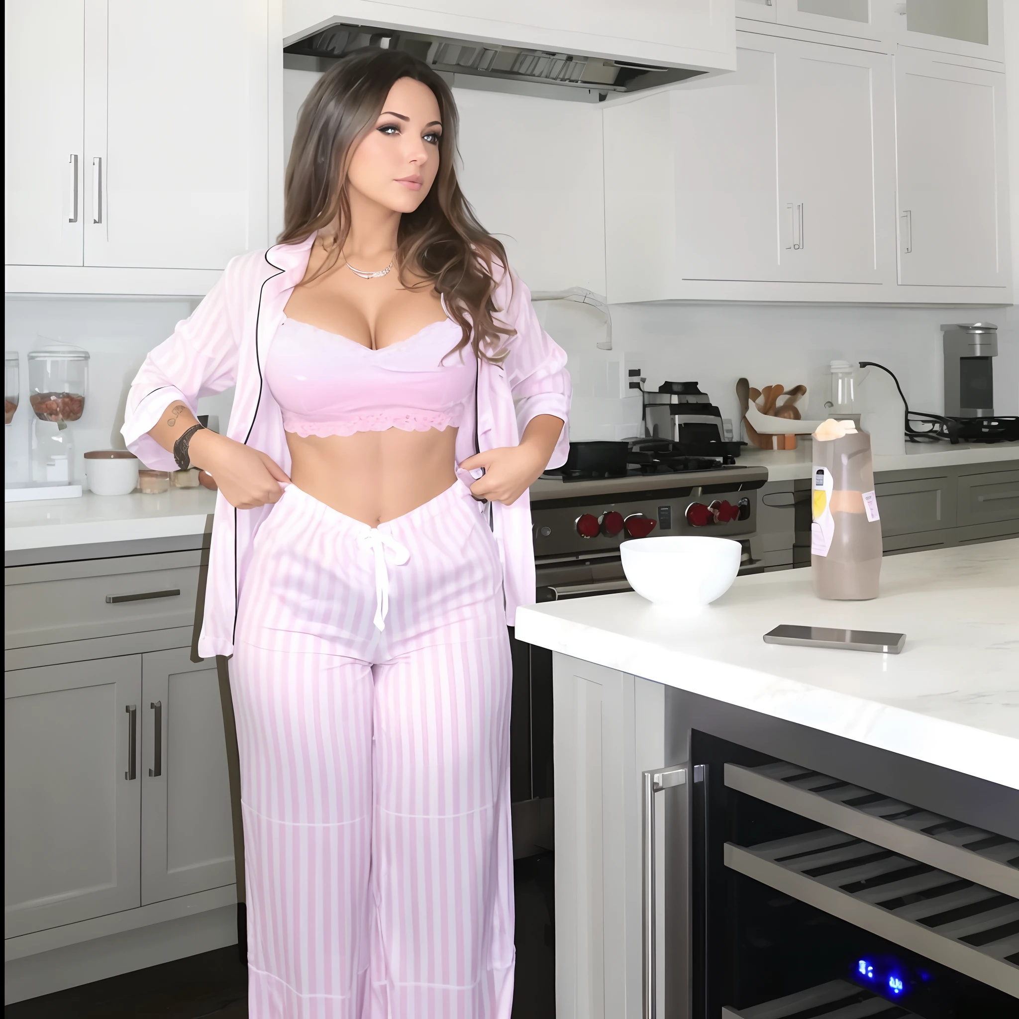 there is a fully naked woman standing in a kitchen without outfit, in the kitchen, violet myers, in a kitchen, looking hot, sexy look, sexy girl, in the morning, thicc, cooking it up, full body in frame, yummy, full body!!!, casual pose, morning sunrise, wearing pajamas, full body;, blanca alvarez, leaked image