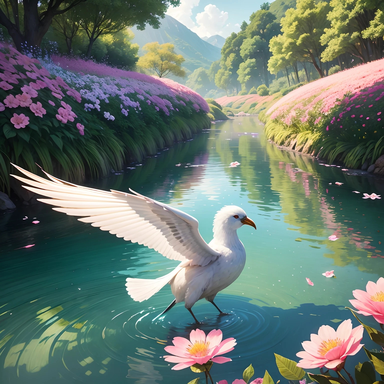 "A beautiful flowery field, com flores e rosas coloridas diamantes, crystal water, Sustainable homes in nature, arte realista, alta qualidade, realismo, lindas cores, rosas diamantes, super detalhado, hiper realista, natureza brilhante, rosas detalhas, rosas brilhosas, flores brilhantes, natureza resplandecente, arte viva, Enchanting paradise, nuvens entre folhas, nuvens entre a natureza, magical birds, wings of shining birds, cores naturais, pedras preciosas verdes, diamantes coloridos nas flores, diamantes coloridos nas rosas, HD, 10K.”
