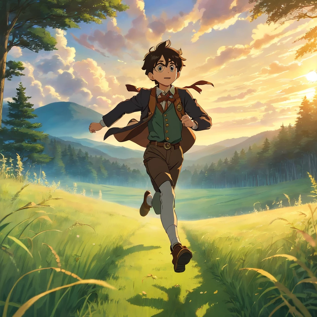 steampunk boy running on a beautiful grass field, with forest in background, dusk sky lighting, god rays, 4k anime screengrab