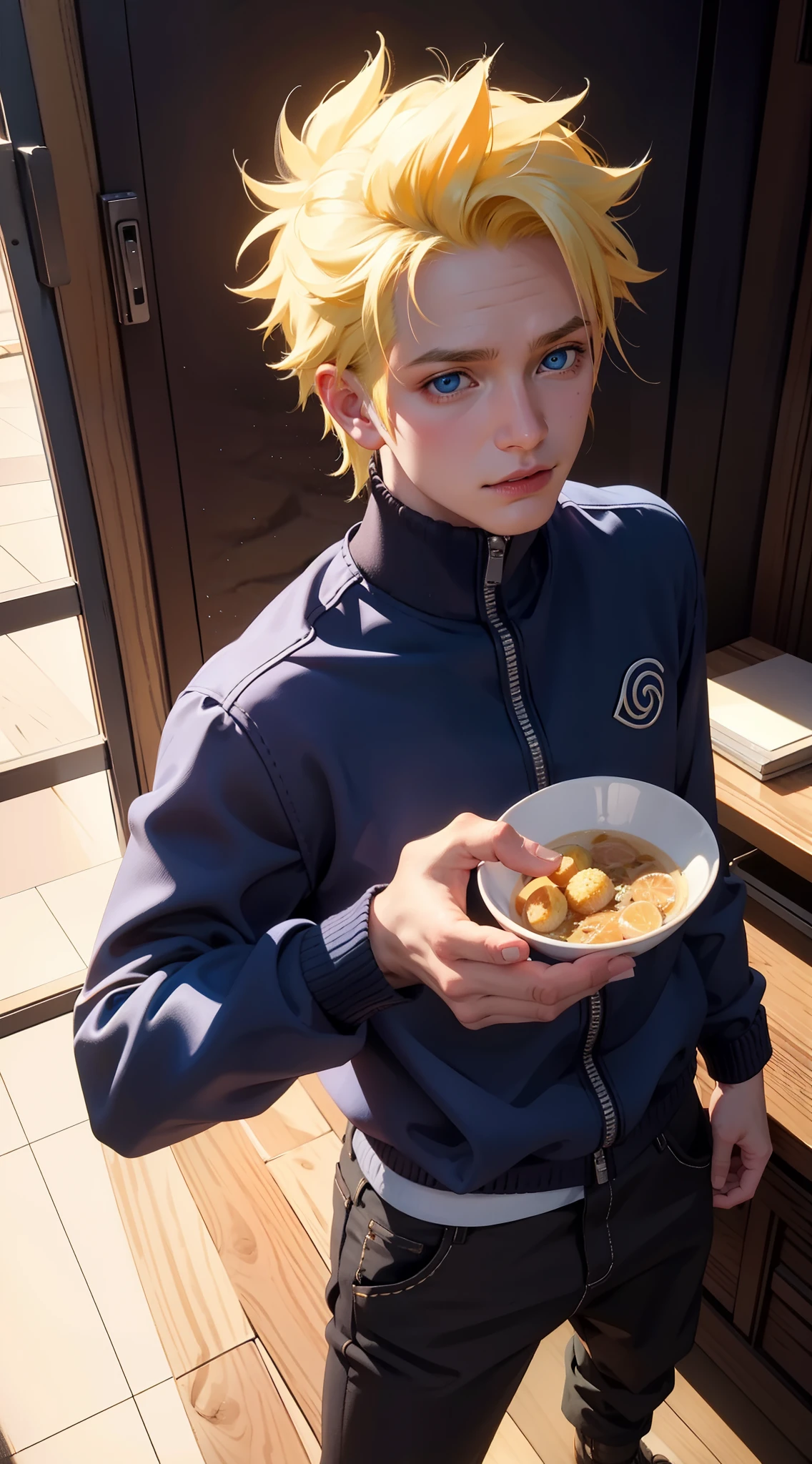 1boy, solo, handsome boy, cool boy, full body shot, man pose, look at viewer, (Rebel Hairstyle), (blue eyes), realistic eyes, (beautiful and sharp eyes), masculine clothing, realistic, beautiful realistic, Cool details, raw photo, realistic clothing, short yellow hair, realistic hair, realistic eyes, Light and cool lighting, photo realistic, Uzumaki Naruto, Gel lighting, ultra details,