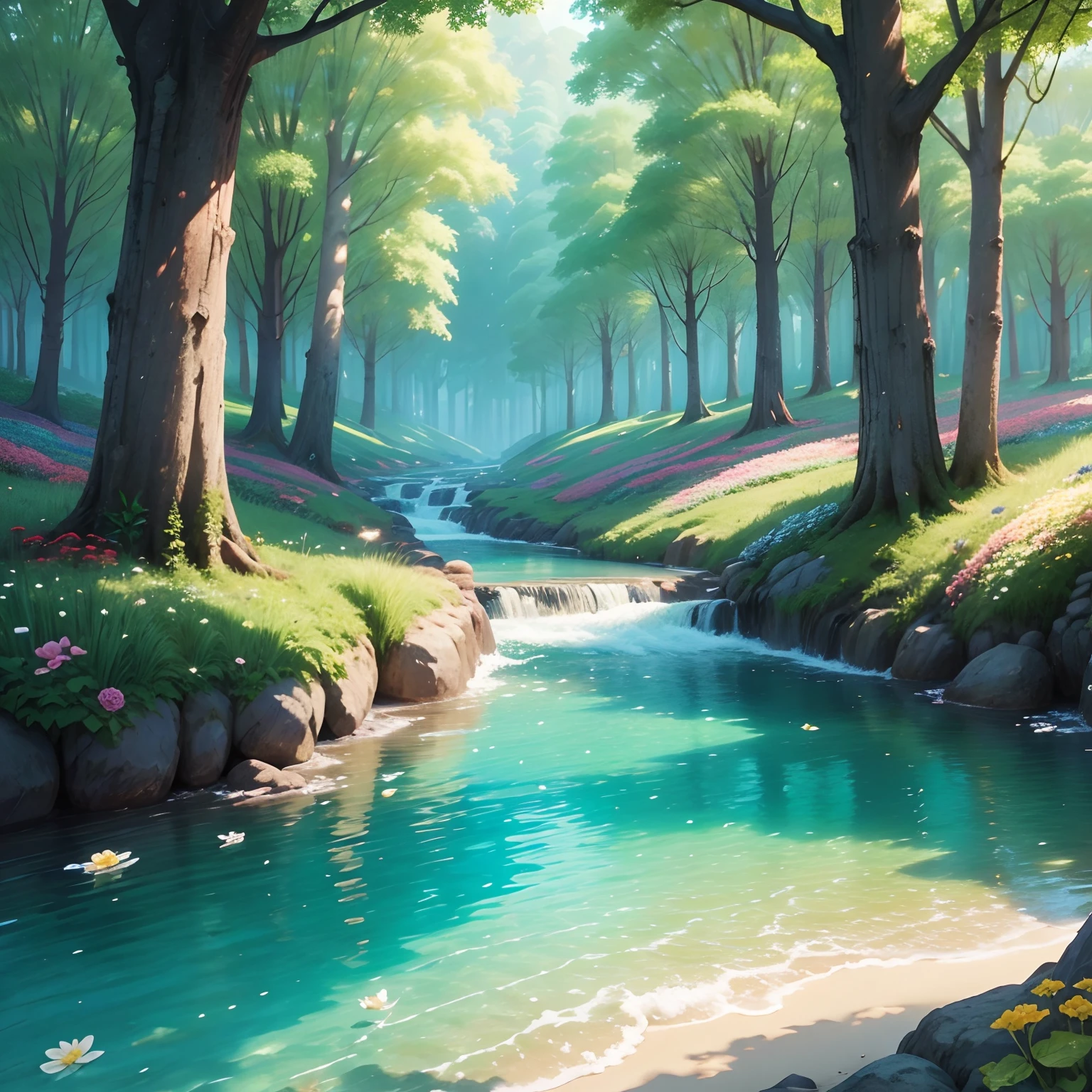 "A beautiful flowery field, com flores e rosas coloridas diamantes, crystal water, Sustainable homes in nature, arte realista, alta qualidade, realismo, lindas cores, rosas diamantes, super detalhado, hiper realista, natureza brilhante, rosas detalhas, rosas brilhosas, flores brilhantes, natureza resplandecente, arte viva, Enchanting paradise, nuvens entre folhas, nuvens entre a natureza, magical birds, wings of shining birds, cores naturais, pedras preciosas verdes, diamantes coloridos nas flores, diamantes coloridos nas rosas, HD, 10K.”