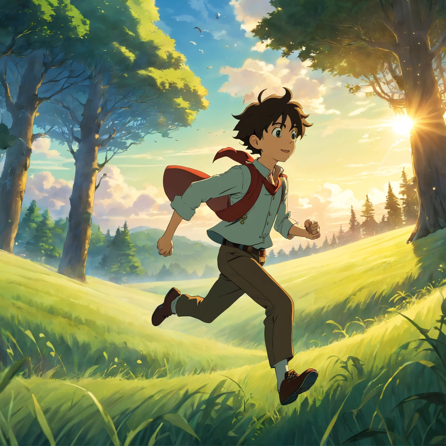 steampunk boy running on a beautiful grass field, with forest in background, dusk sky lighting, god rays, 4k anime screengrab