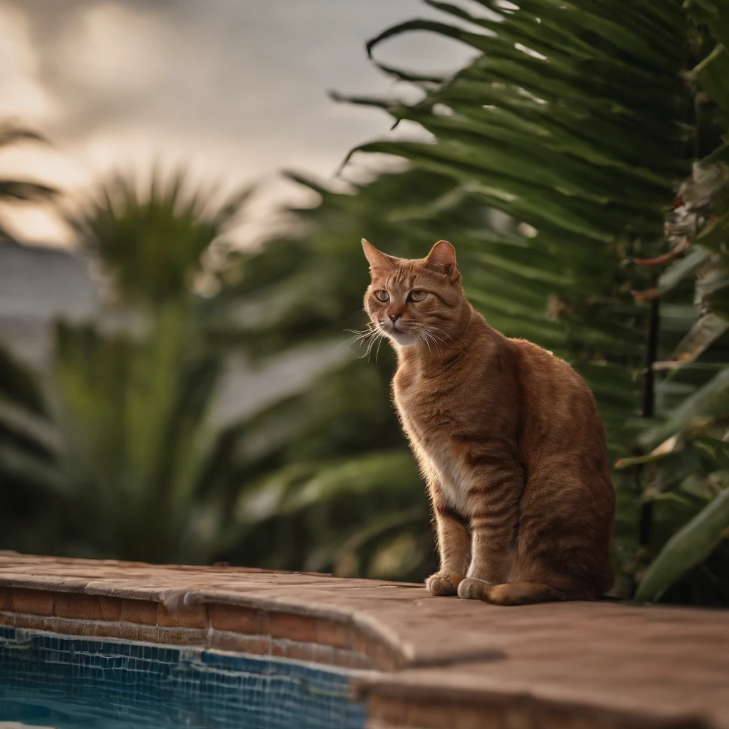 Create a stunning image of a cat perched gracefully on a rooftop against a backdrop of swaying palm trees. #CatOnRoof #PalmTrees #ArtisticPhotography,Sunset, thatched house. high definition and contrast photos,Unreal Engine 5, wide field of view, depth of field, hyper detailed skin, color correction, crazy details, color correction, hyperrealism, like a real live (best quality, masterpiece, 4k, ultra detailed, sharp focus, 8k, high definition, insanely detailed, intricate:1.2)high definition and contrast photos,Unreal Engine 5, wide field of view, depth of field, hyper detailed skin, color correction, crazy details, color correction, hyperrealism, like a real live (best quality, masterpiece, 4k, ultra detailed, sharp focus, 8k, high definition, insanely detailed, intricate:1.2)