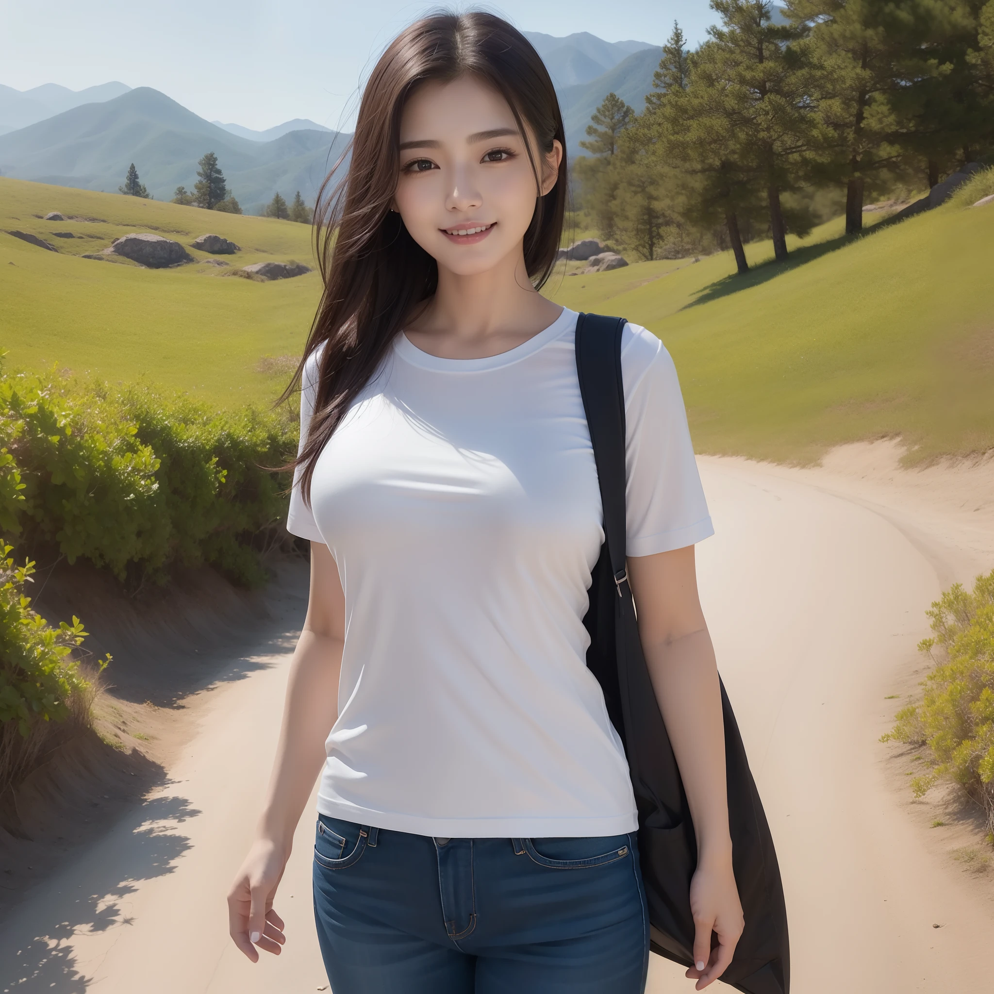 One lady、((best qualtiy、8k masterpieces:1.3))、foco nítido:1.2、(ultra beautiful faces:1.0)、(shinny skin:1.0)、photos realistic、A dark-haired、Video Lighting、High-definition eyes and face、Video Lighting、(Korean Cute Actress)、from the front side、medium breasts、Smile、Slender Abs Beauty、Whole body、wearing t-shirts、On the trail in the early morning、