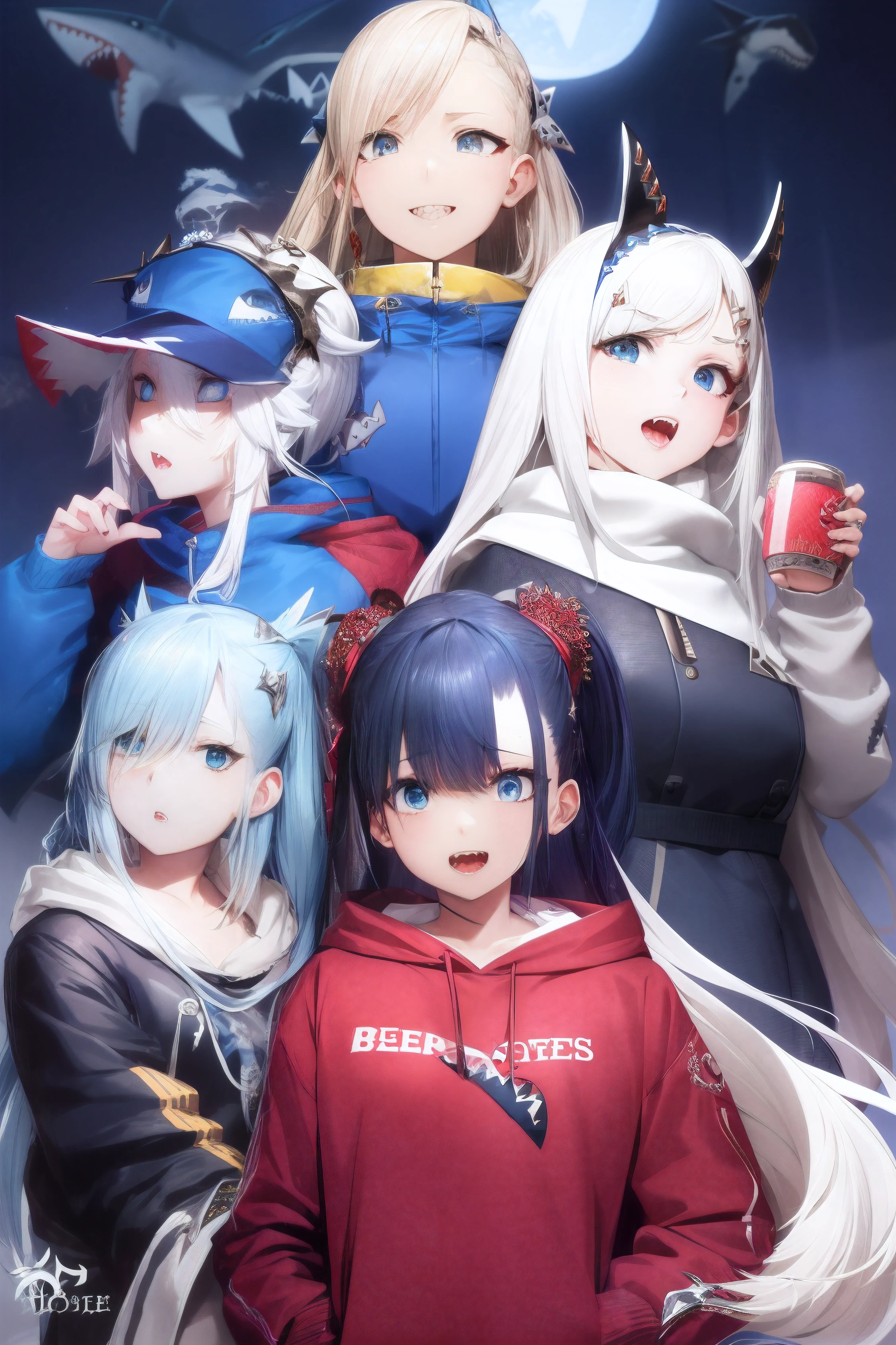 best qualtiy、intricate-detail、女の子1人、very detailed gray hair、Highly detailed blue eyes、Highly detailed keen eye、Highly detailed unkempt hair、Blue Highlights、sharpteeth、Blue Hoodie、Shark tooth design、Raw feet、hair adornments、Gargra、Samegar、Shark tail、Shark print、Blue Hoodie、sharpteeth、Animal food、shark hair ornament、