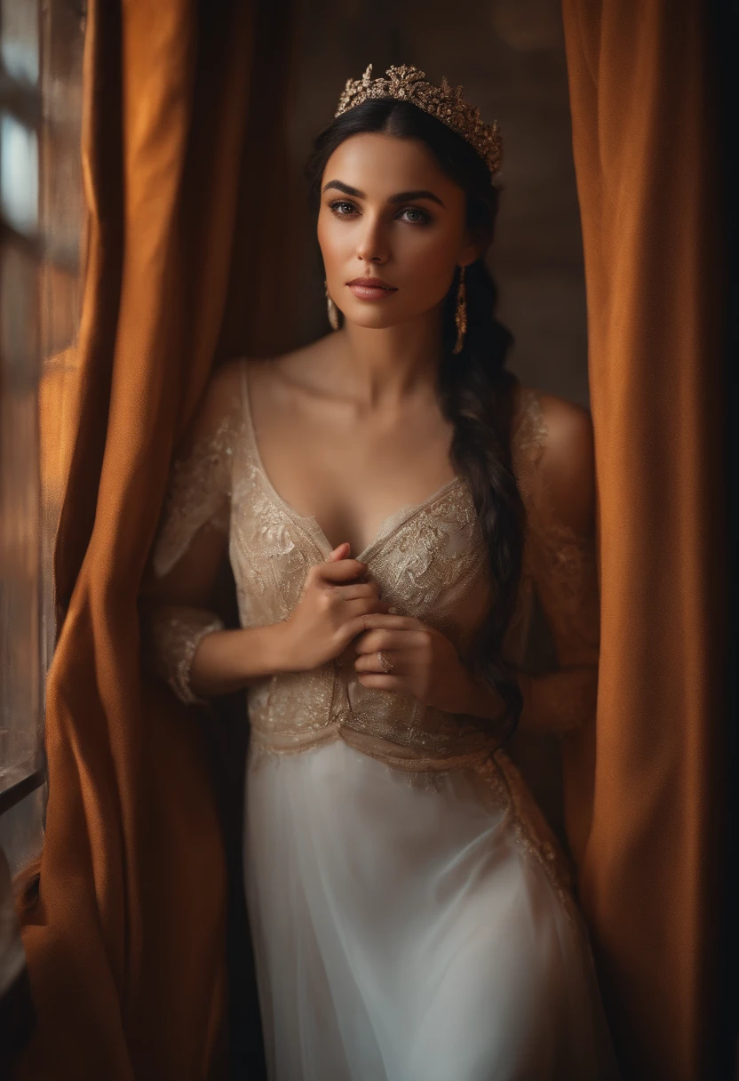 Girl, Latina, but with long curly hair, exotic beauty, charismatic, exquisite beauty, slender figure, C-cup breasts, naked in a transparent dress, dressed in Gothic style, on a dark background with patterned wallpaper in Victorian style, Gothic, exquisite erotica, masterpiece, artistic photography, artistic photography, artistic painting, 8k, cinematic quality
