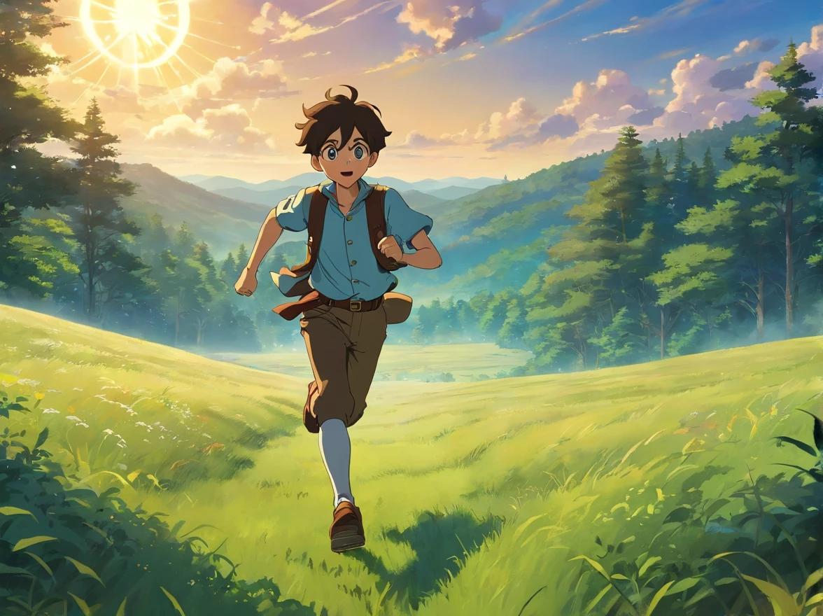 steampunk boy running on a beautiful grass field, with forest in background, dusk sky lighting, god rays, 4k anime screengrab