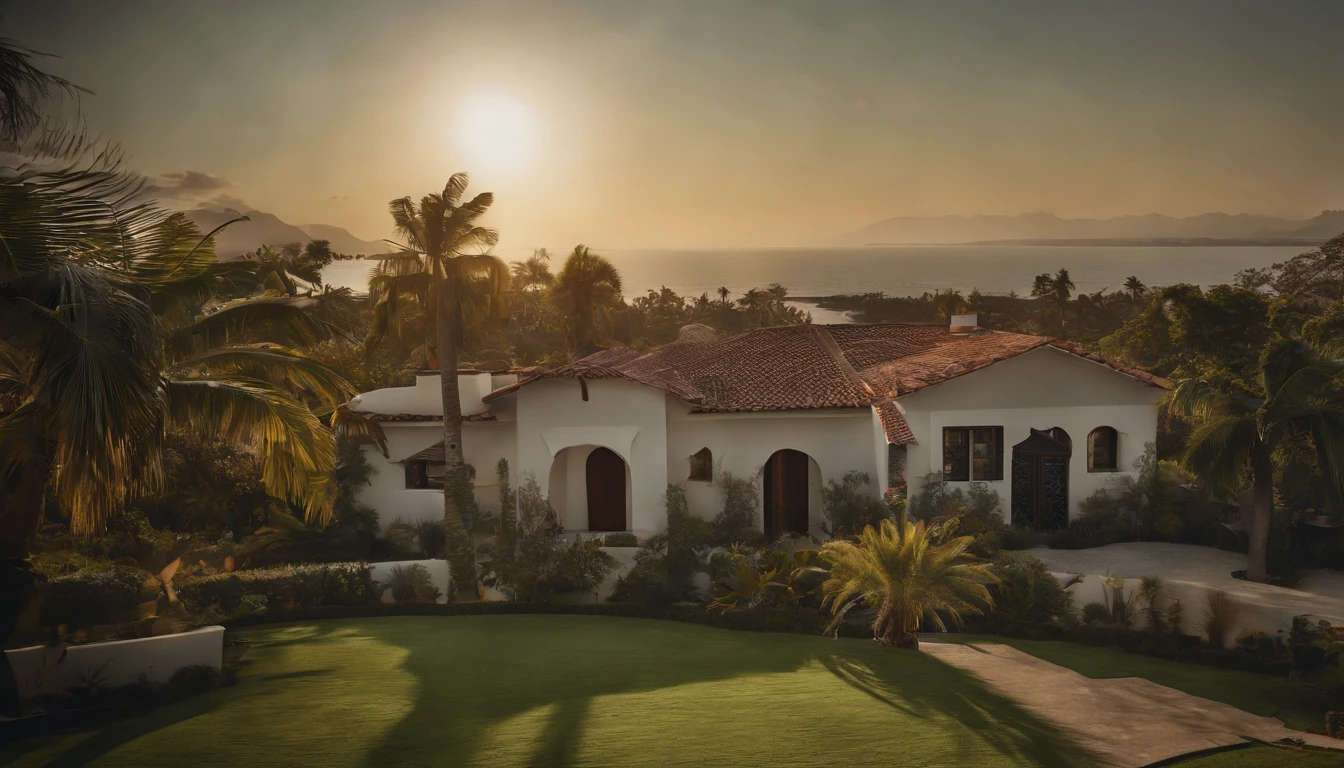 Create a stunning image of a cat perched gracefully on a rooftop against a backdrop of swaying palm trees. #CatOnRoof #PalmTrees #ArtisticPhotography,Sunset, thatched house. high definition and contrast photos,Unreal Engine 5, wide field of view, depth of field, hyper detailed skin, color correction, crazy details, color correction, hyperrealism, like a real live (best quality, masterpiece, 4k, ultra detailed, sharp focus, 8k, high definition, insanely detailed, intricate:1.2)high definition and contrast photos,Unreal Engine 5, wide field of view, depth of field, hyper detailed skin, color correction, crazy details, color correction, hyperrealism, like a real live (best quality, masterpiece, 4k, ultra detailed, sharp focus, 8k, high definition, insanely detailed, intricate:1.2)