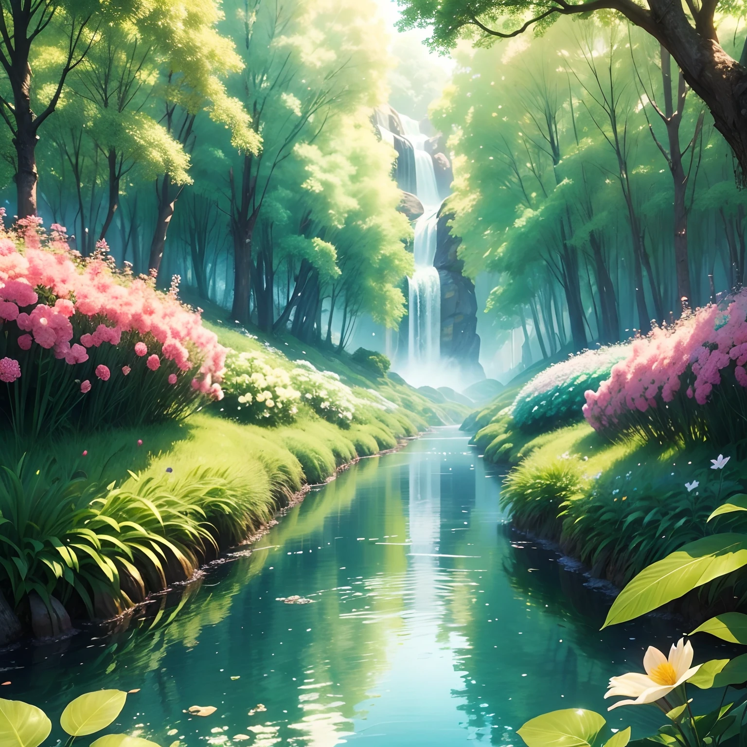 "A beautiful flowery field, com flores e rosas coloridas diamantes, crystal water, Sustainable homes in nature, arte realista, alta qualidade, realismo, lindas cores, rosas diamantes, super detalhado, hiper realista, natureza brilhante, rosas detalhas, rosas brilhosas, flores brilhantes, natureza resplandecente, arte viva, Enchanting paradise, nuvens entre folhas, nuvens entre a natureza, magical birds, wings of shining birds, cores naturais, pedras preciosas verdes, diamantes coloridos nas flores, diamantes coloridos nas rosas, HD, 10K.”