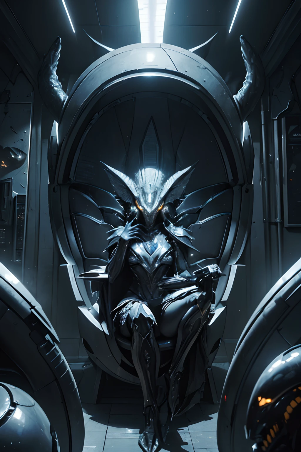 (top-quality, in 8K, ​masterpiece:1.3), an alien, Giger style, Dense, Advanced biomachinery, Inside an otherworldly spaceship, Queen Alien, harpy､ Predator, Biomechanics