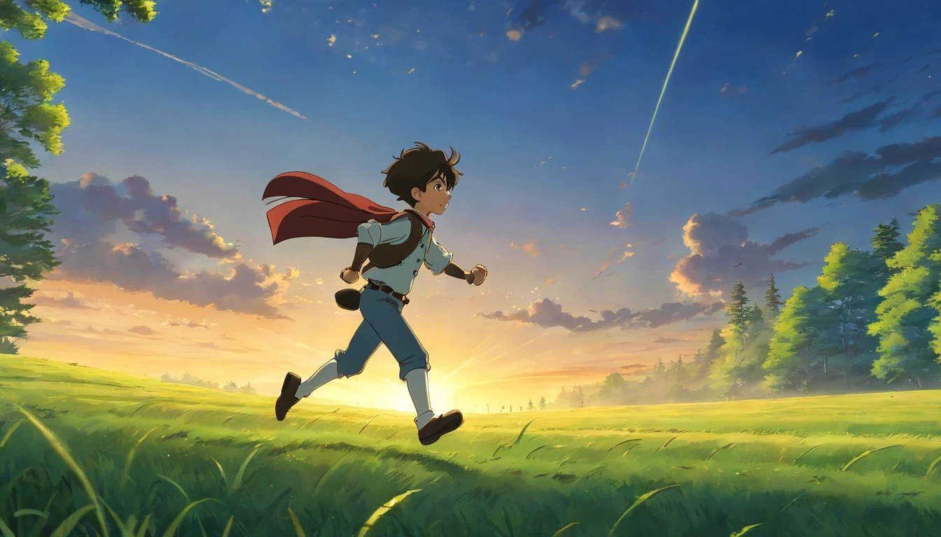 side view of a steampunk boy running on a beautiful grass field, with forest in background, dusk sky lighting, god rays, 4k anime screengrab, side angle