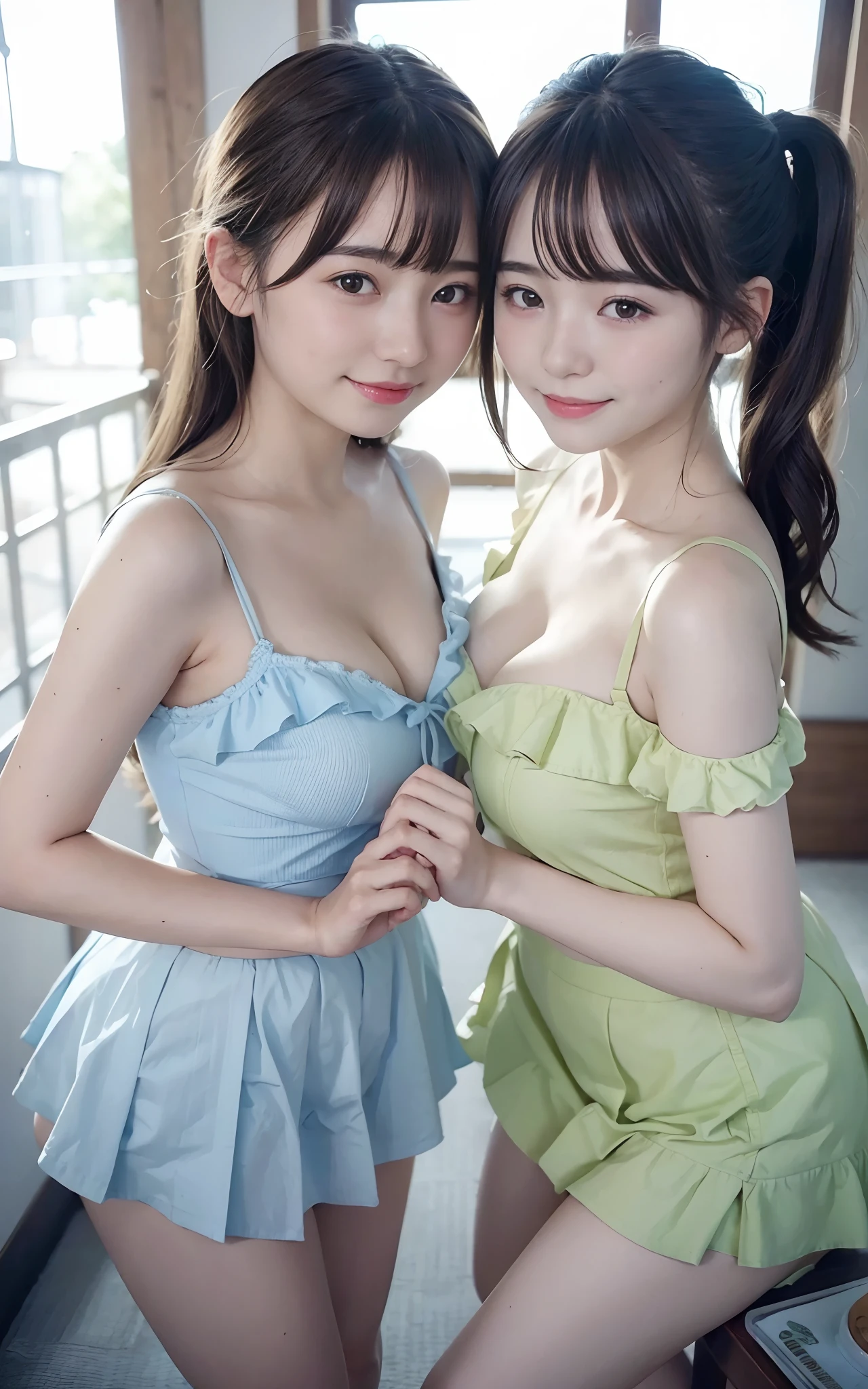 (2girls same :1.2) , couple focus, japanese girls, adorable, 14y from above,  standing, cheek-to-cheek,high saturation,  frilled offshoulder summerdress,twintails,   (smile), hair Scrunchie, low contrast, best quality, ultra highres, photo realistic, ultra detailed, 8k, raw photo, (breast, cleavage:1.0),(downblouse:1.0)