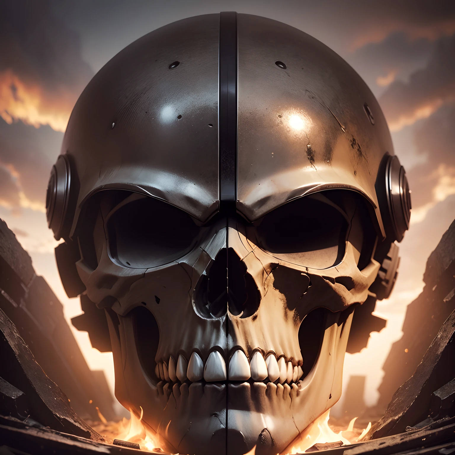best quality, master part, ultra high-resolution, (fotorrealista:1.4), Foto RAW, Male skull with a helmet of soldiers, Centrado, fundo preto