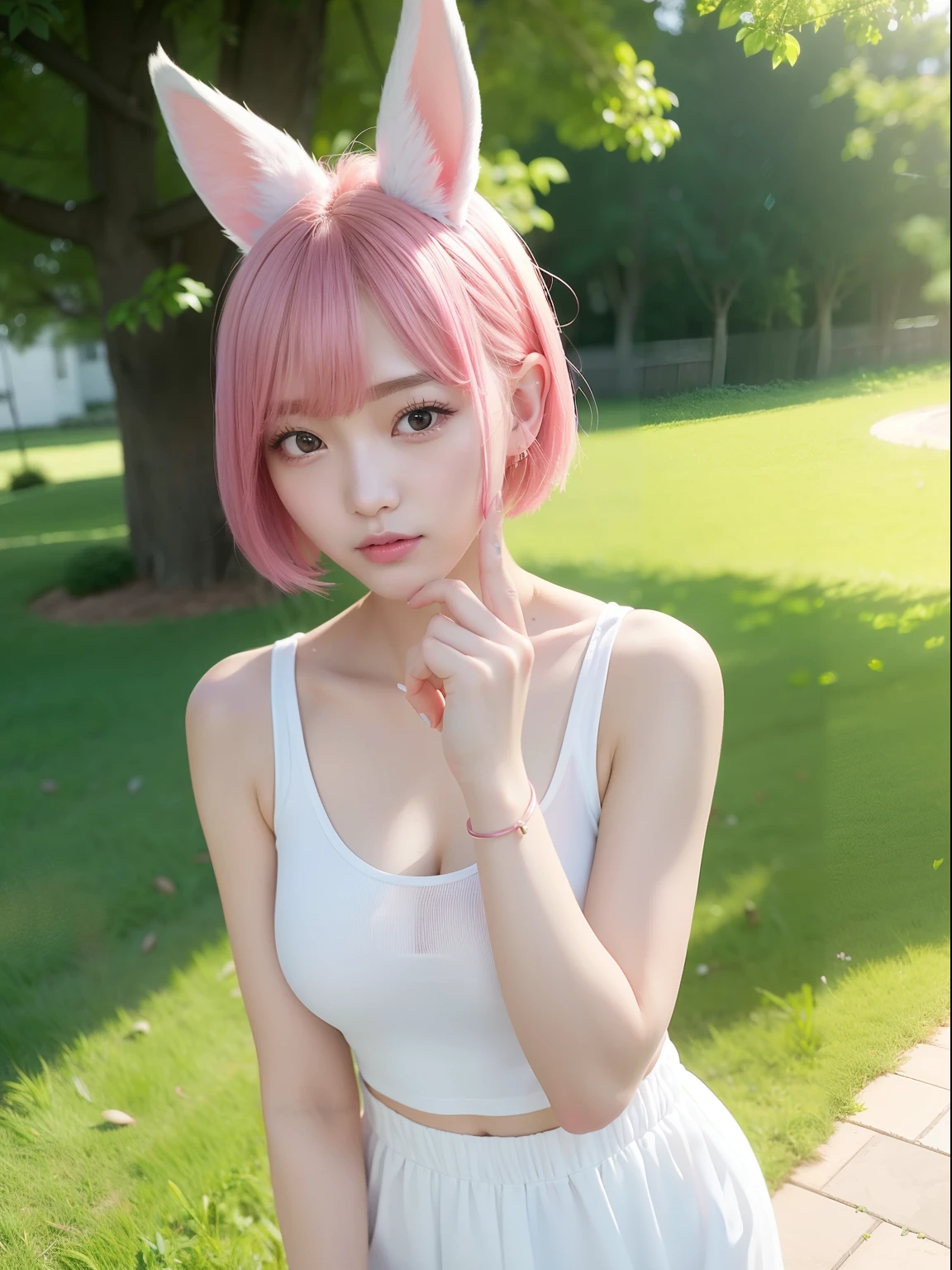 Morning park、White tank top、Running pants、Pink short cut hair，(8K, top-quality, ​masterpiece:1.2), (realisitic, Photorealsitic:1.37), ultra-detailliert, 1 girl in, Whole body esbifa layer、cute little、独奏、Beautiful detailed night sky、tiny chest、small tits、（short-hair：1.2）、Floating Hair NovaFrogStyle、masuter piece、Pink Shortcut Bob、Realistic rabbit ears、Pink realistic rabbit ears、Realistic ears of rabbits sticking out of the head、Pink hair、Beautiful girl in her 20s、Bewitching atmosphere、Beautiful shaped hands、K-POP、Pink rabbit ears、1 girl in、独奏、​masterpiece、top-quality、realisitic、Hyper-detailing、(Glossy skin:1.4)、absurderes、short pink hair、Slender beauties、动态照明、hight resolution、foco nítido、depth of fields、(thick thight:1.0)、A slender :1.2，((Short-cut bob hair))、((k pop:1.3))，Highly detailed facial and skin texture、((魅惑的))，Anatomically correct number of fingers，Correct anatomy