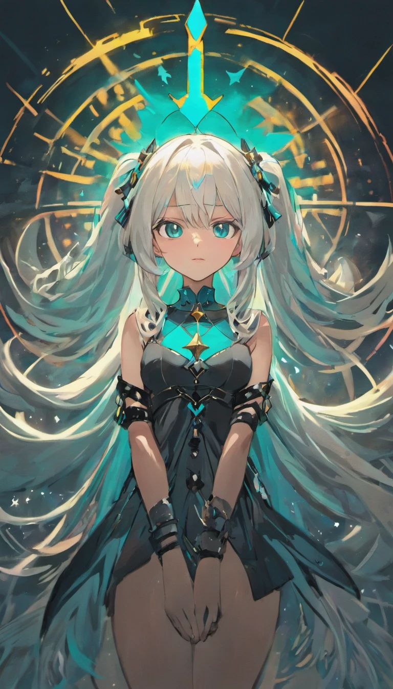 Girl with long straight white hair. One eye with a bright turquoise iris, the second with a black iris. Under the right eye is a black star. White top with long black arms and white laces. Black jeans and a belt with chains. Emo boots. Black checker and turquoise chrysal on black rope.. On the head there is a hairpin in the form of a black crescent, inside of which there is a turquoise star;.