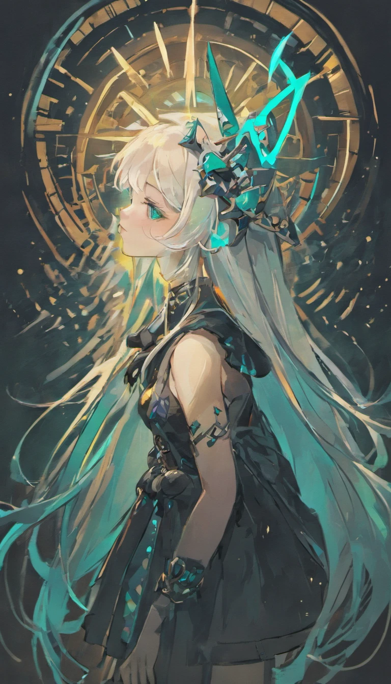 Girl with long straight white hair. One eye with a bright turquoise iris, the second with a black iris. Under the right eye is a black star. White top with long black arms and white laces. Black jeans and a belt with chains. Emo boots. Black checker and turquoise chrysal on black rope.. On the head there is a hairpin in the form of a black crescent, inside of which there is a turquoise star;.