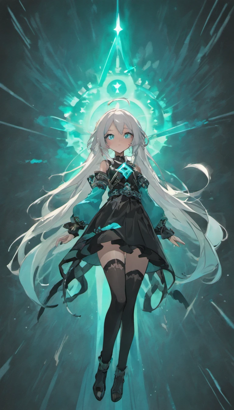 Girl with long straight white hair. One eye with a bright turquoise iris, the second with a black iris. Under the right eye is a black star. White top with long black arms and white laces. Black jeans and a belt with chains. Emo boots. Black checker and turquoise chrysal on black rope.. On the head there is a hairpin in the form of a black crescent, inside of which there is a turquoise star;.