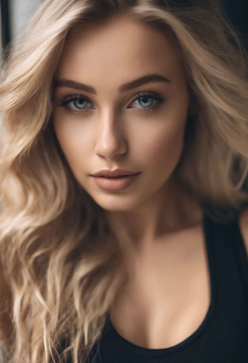 woman with matching tank top and panties, fille sexy aux yeux bleus, Portrait Sophie Mudd, Portrait de Corinna Kopf, cheveux blonds et grands yeux, selfie of a young woman, ohne Maquillage, maquillage naturel, Look directly into the camera, Visage avec Artgram, dezentes Maquillage, Superbe photo du corps entier, dans la chambre, gros seins, Blonde