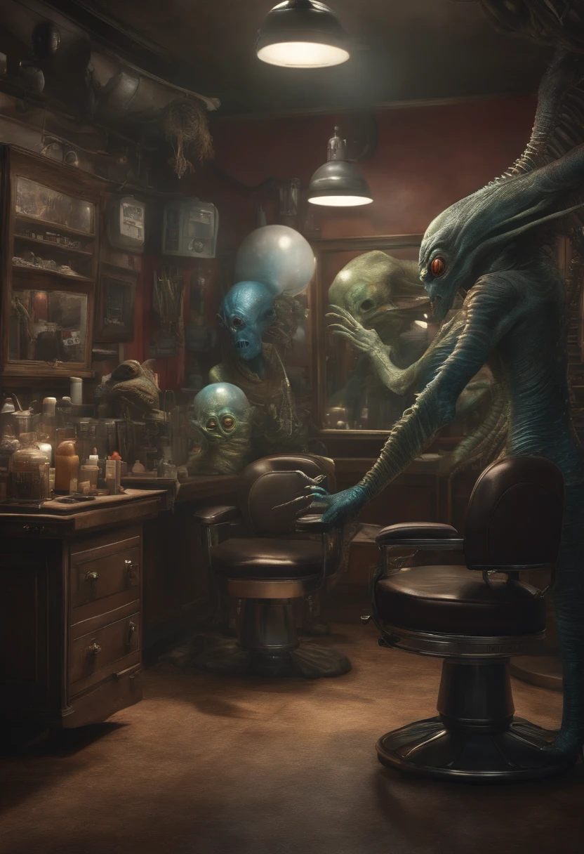 (best quality, high-res, ultra-detailed), (realistic:1.37), alien with a flat head, multiple eyes, in an alien barbershop, filled with intriguing creatures, medium:pencil drawing, vibrant colors, dimly lit.