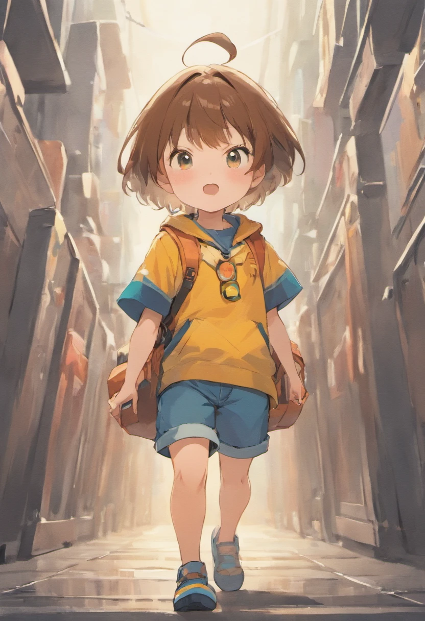 small explorer, various poses and expressions on white background, children's book illustration style, simple, cute, 6 years old, colors, short brown hair, plain color, white short-sleeved shirt, jean shorts without belt, without hat, without book, without glasses, without backpack