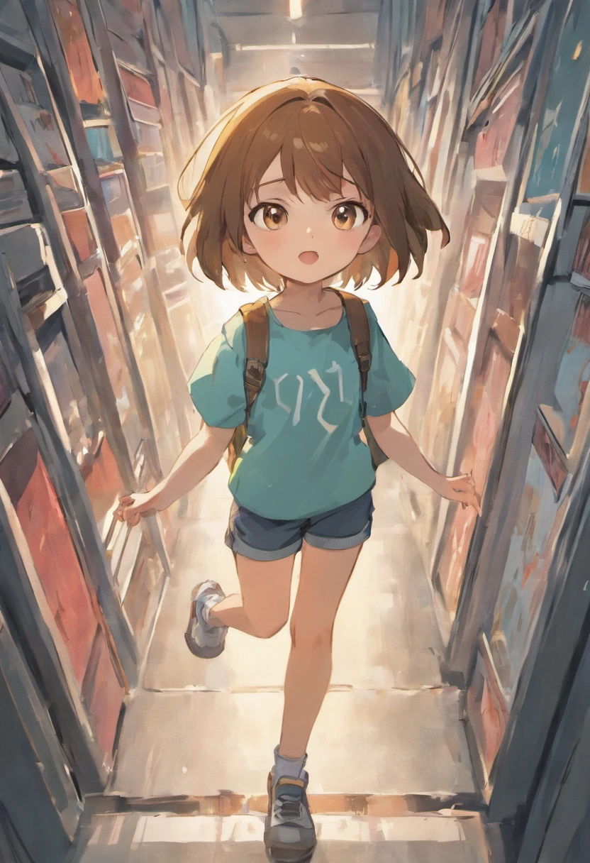 small explorer, various poses and expressions on white background, children's book illustration style, simple, cute, 6 years old, colors, short brown hair, plain color, white short-sleeved shirt, jean shorts without belt, without hat, without book, without glasses, without backpack
