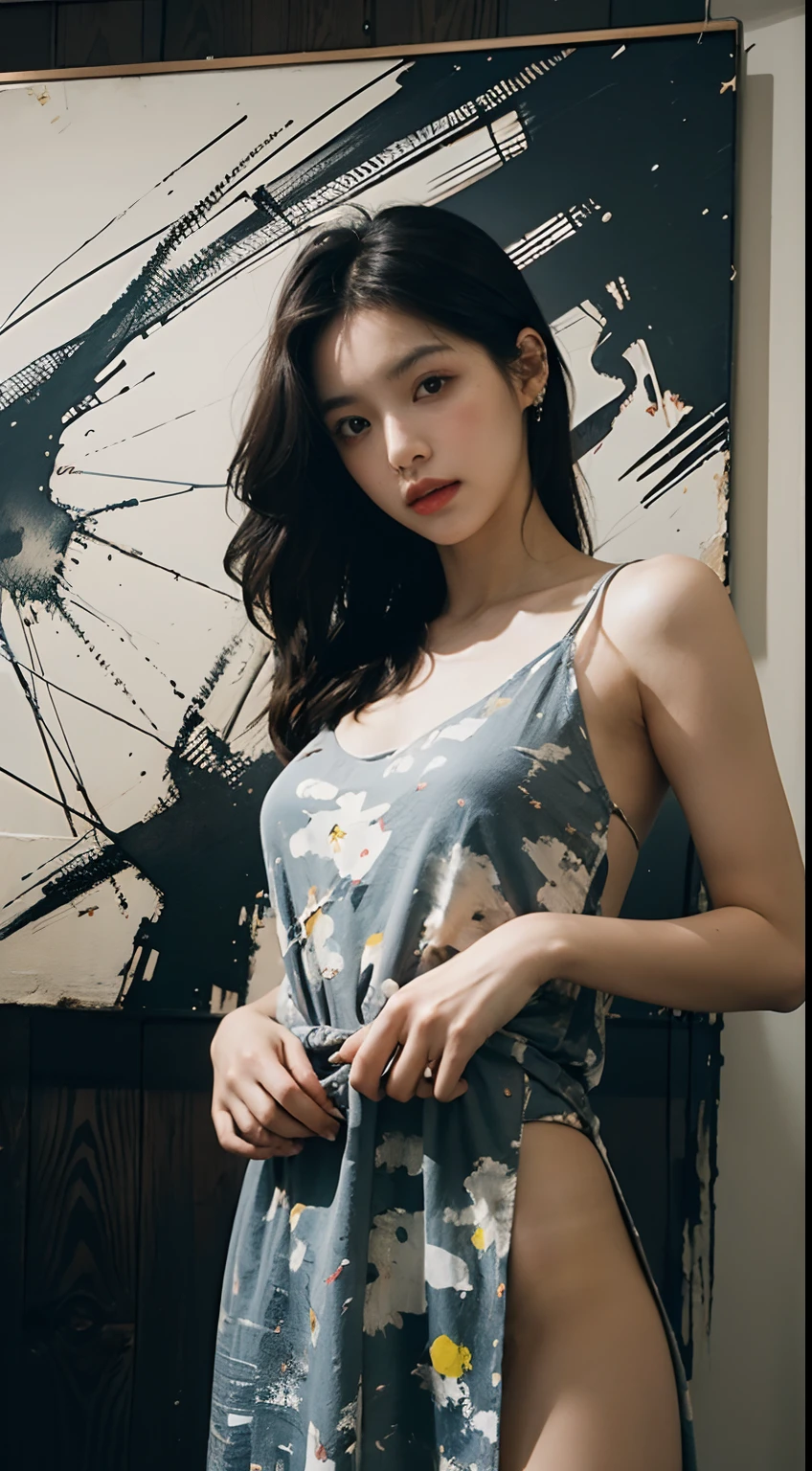 fashion photo shoot of a very beautiful girl in a dress with works by Jackson Pollock, retro colors, cinematic lighting, powerful imagery, Hyperdetailed photorealism, (Masterpiece), best quality, (ultra-detailed), detailed glow, ambient occlusion, ambient light, (dress lift:1.3), (thong:1.1)