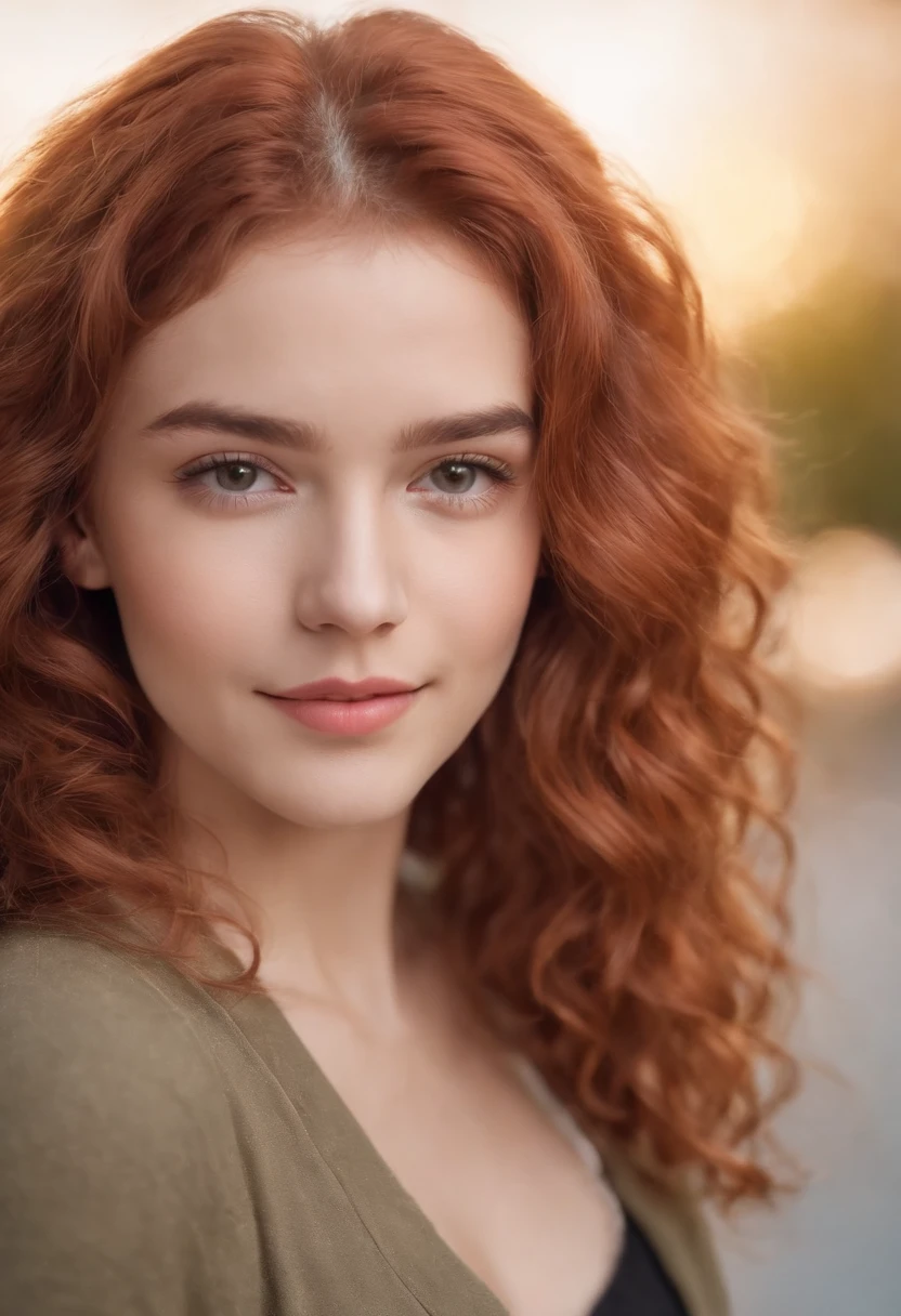 a pretty girl, anos, Cabelos ruivos posando, Look at a camera and smile, red curly hair, (Olhos castanhos:0.8), Bonito rosto jovem, 18 I, soft volumetric lights, (retroiluminado:1.3), (Kinematic:1.3), Detalhes intrincados, (art-station:1.2)