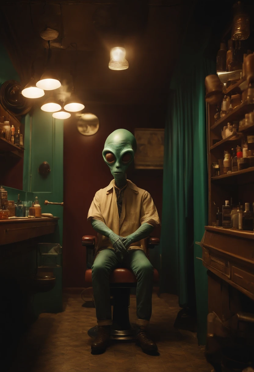 (best quality, alta resolução, ultra-detalhado), (Realistic:1.37), alien with a flat head, multiple eyes, in an alien barbershop, cheio de criaturas intrigantes, cores vibrantes, good ilumination