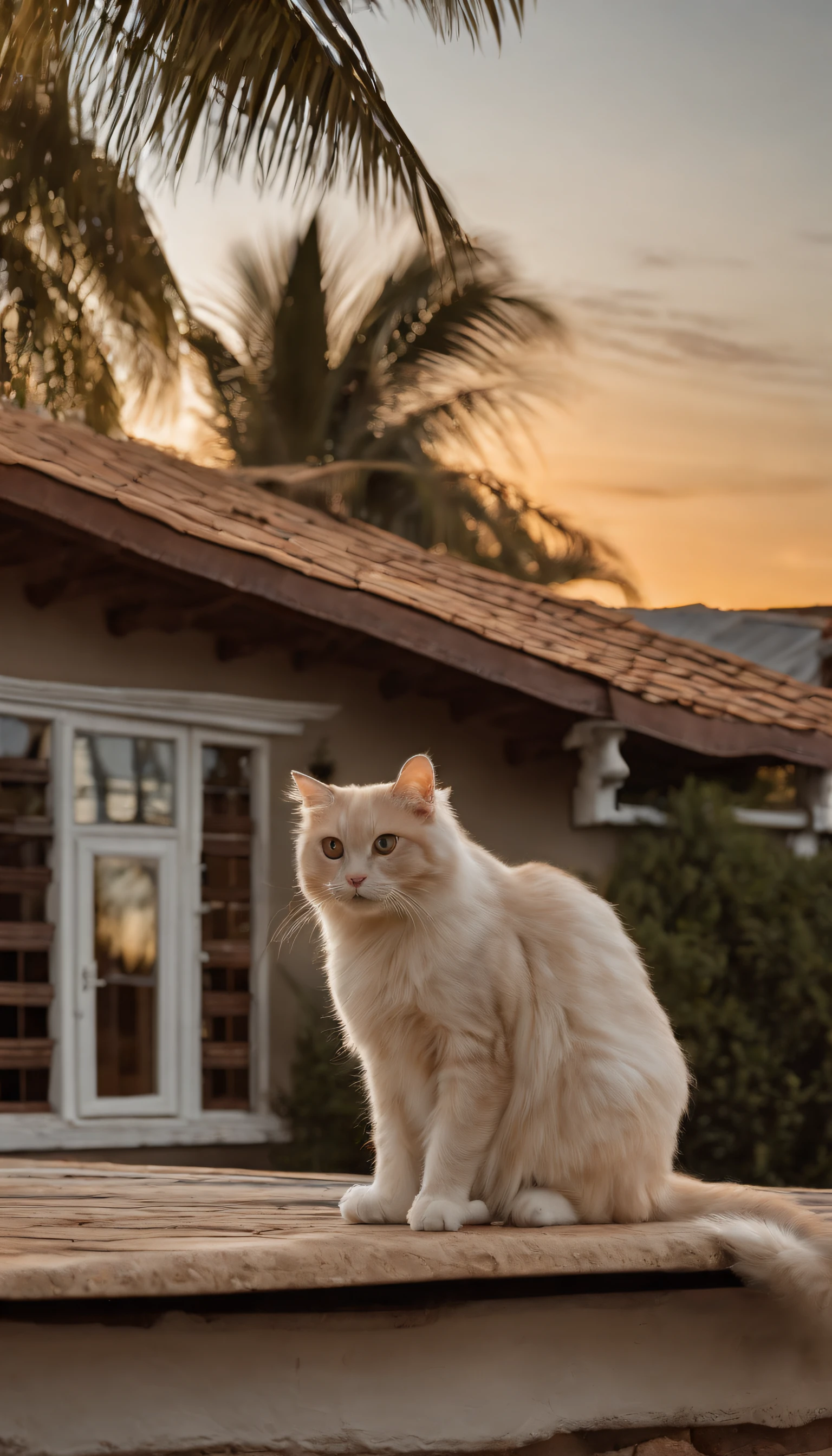 Create a stunning image of a cat perched gracefully on a rooftop against a backdrop of swaying palm trees. #CatOnRoof #PalmTrees #ArtisticPhotography,Sunset, thatched house. high definition and contrast photos,Unreal Engine 5, wide field of view, depth of field, hyper detailed skin, color correction, crazy details, color correction, hyperrealism, like a real live (best quality, masterpiece, 4k, ultra detailed, sharp focus, 8k, high definition, insanely detailed, intricate:1.2)high definition and contrast photos,Unreal Engine 5, wide field of view, depth of field, hyper detailed skin, color correction, crazy details, color correction, hyperrealism, like a real live (best quality, masterpiece, 4k, ultra detailed, sharp focus, 8k, high definition, insanely detailed, intricate:1.2)