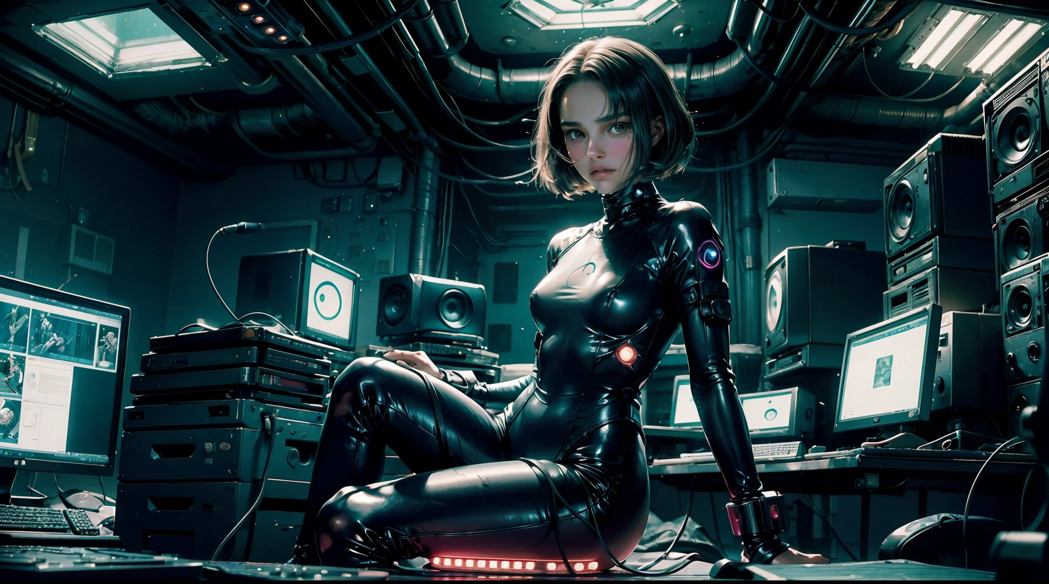 a Natalie Portman wearing intricate bodysuit sitting as a captivating figure amidst hundreds of computers and monitors and cables, like Lain in her room. her physical appearance tells a story of tragic transformation and decay, evoking both fascination and a sense of unease. the teenage hacker girl's youthful countenance, her flesh, vibrant and alive,