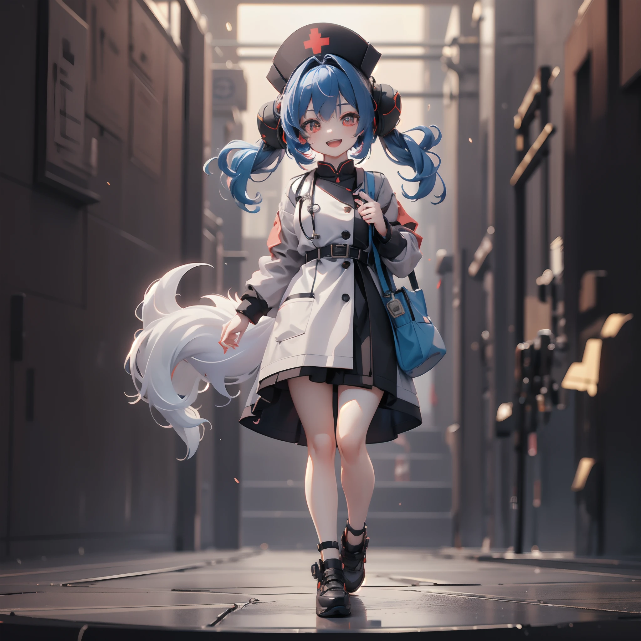 (((Female doctor ,Evil sensual smile))), fullllbody,without background,Young doctor with sexy fox face, Nurse Cap,Fox ears,Fox Face,mechanical clothing, marks ,Machine-based hand, striated hair, Red hair, Blue hair, eye reflections, makeup, open open mouth,Mechanical Bag, high detal, Gothic art, barroco, motion-blur, Ray traching, reflective light, multiple views, Perspective, ultra wide-angle, ​masterpiece, Anatomically correct, Textured Leather, Super Detail, High Details, hightquality, Better Quality, Haute,