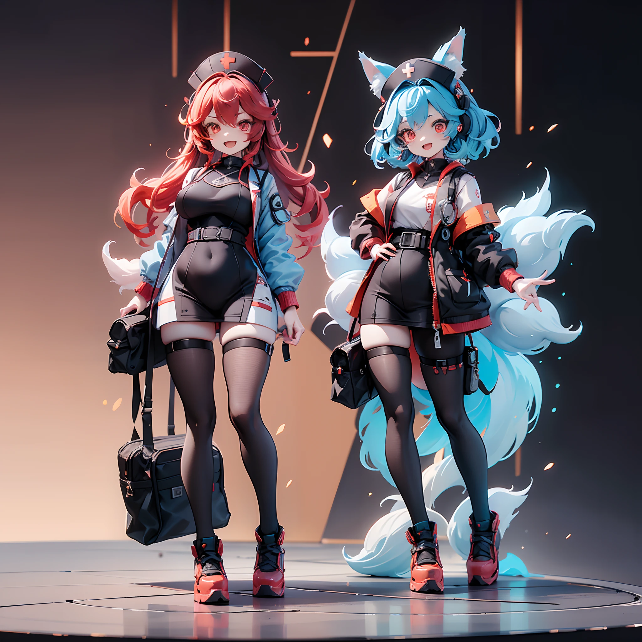 (((Female doctor ,Evil sensual smile))), fullllbody,without background,Young doctor with sexy fox face, Nurse Cap,Fox ears,Fox Face,mechanical clothing, marks ,Machine-based hand, striated hair, Red hair, Blue hair, eye reflections, makeup, open open mouth,Mechanical Bag, high detal, Gothic art, barroco, motion-blur, Ray traching, reflective light, multiple views, Perspective, ultra wide-angle, masterpiece, Anatomically correct, Textured Leather, Super Detail, High Details, hightquality, Better Quality, Haute,