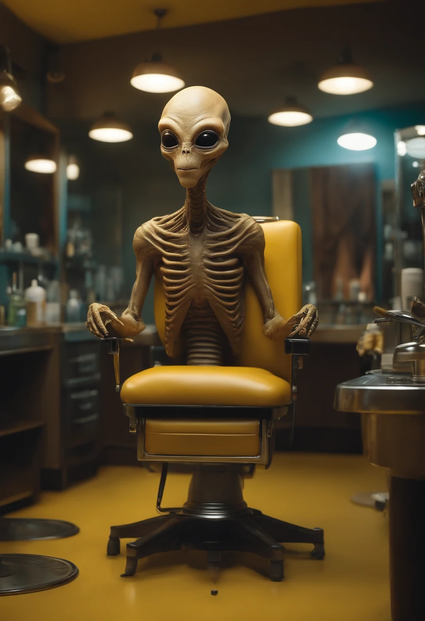 (best quality, alta resolução, ultra-detalhado), (Realistic:1.37), alien yellowish skin with a flat head, multiple eyes, in an alien barbershop, cheio de criaturas intrigantes, cores vibrantes, good ilumination