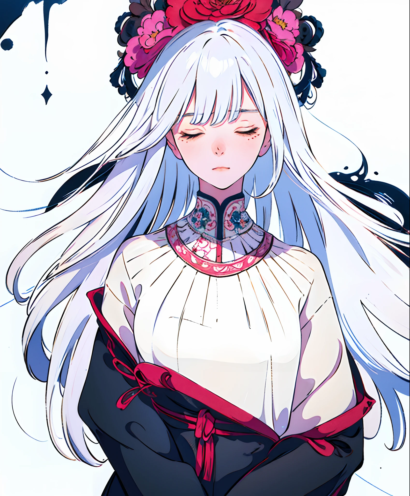 (8k, RAW photo, best quality, masterpiece:1.2), (extremely detailed CG, ultra-detailed, best shadow:1.1),1girl, solo, upper body, painting, drawing, paper texture, ultra high res, ((extremely detailed face)), flat color, limited palette, low contrast, mature women, best lighting, sweater, sleeping, sleeping beauty, closing eyes, black eyeliner,a girl falling in the air, clouds, blowing hair, closed mouth, white hair, white:1.6, (zentangle, mandala, tangle, entangle:1),