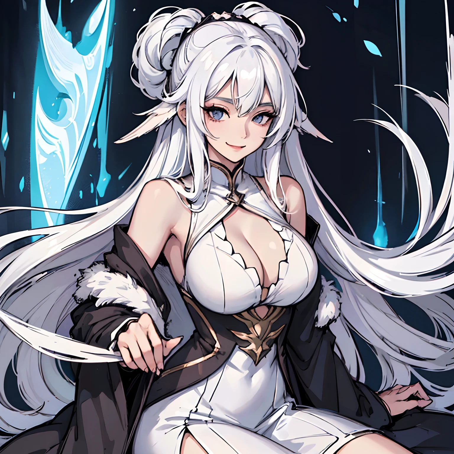 anime woman, woman, ((solo)), ((1 lady)), long white hair, black dress, white haired lady, grinning lasciviously, perfect young woman, well-behaved clothes, gentle face, gentle smile, ((high quality)), ((very detailed)), big chest, casual clothes