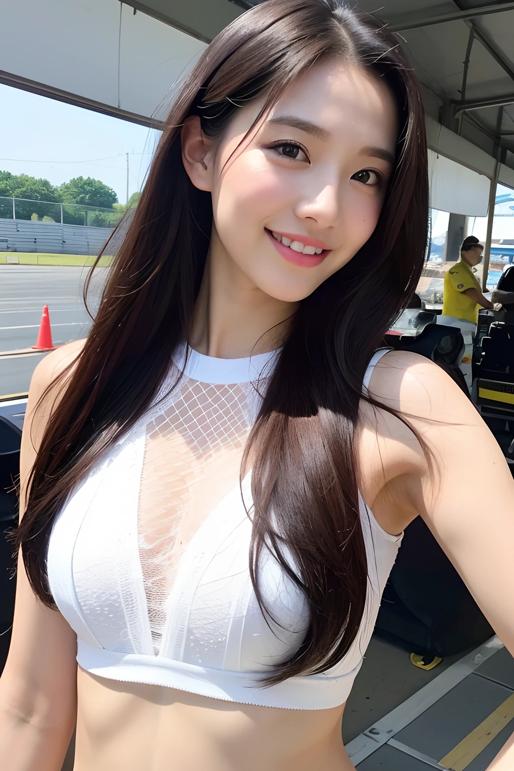 (extra detailed body、extra detailed face、best qualtiy:1.2)、femele、looking at the viewers、(a smile、Race Queen、Grid Girl、The most beautiful woman in the world)、(Car Racing Venues)