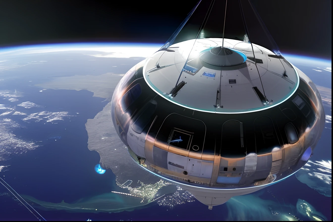 A close-up of a space station in the middle of the Earth, turismo espacial, utopian space ship, It would take place in space, Giant glass dome in space, It's flying through space, viaje espacial, Turismo espacial de la NASA, Nave espacial en el espacio, Cryogenic pods, Nave espacial Solarpunk, de viajes espaciales, Cantina Solarpunk, nave espacial