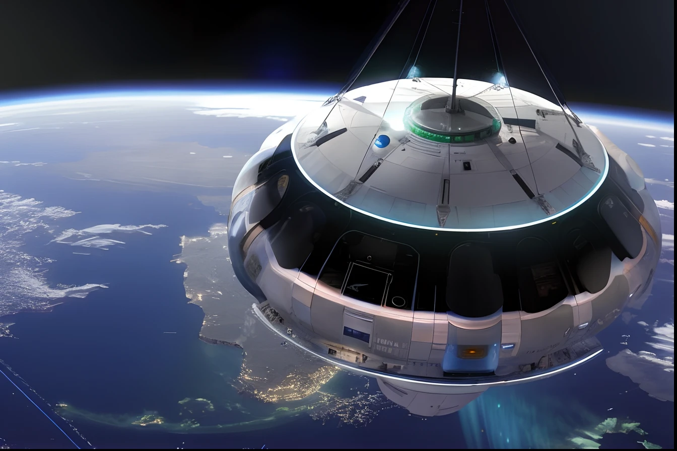 A close-up of a space station in the middle of the Earth, turismo espacial, utopian space ship, It would take place in space, Giant glass dome in space, It's flying through space, viaje espacial, Turismo espacial de la NASA, Nave espacial en el espacio, Cryogenic pods, Nave espacial Solarpunk, de viajes espaciales, Cantina Solarpunk, nave espacial